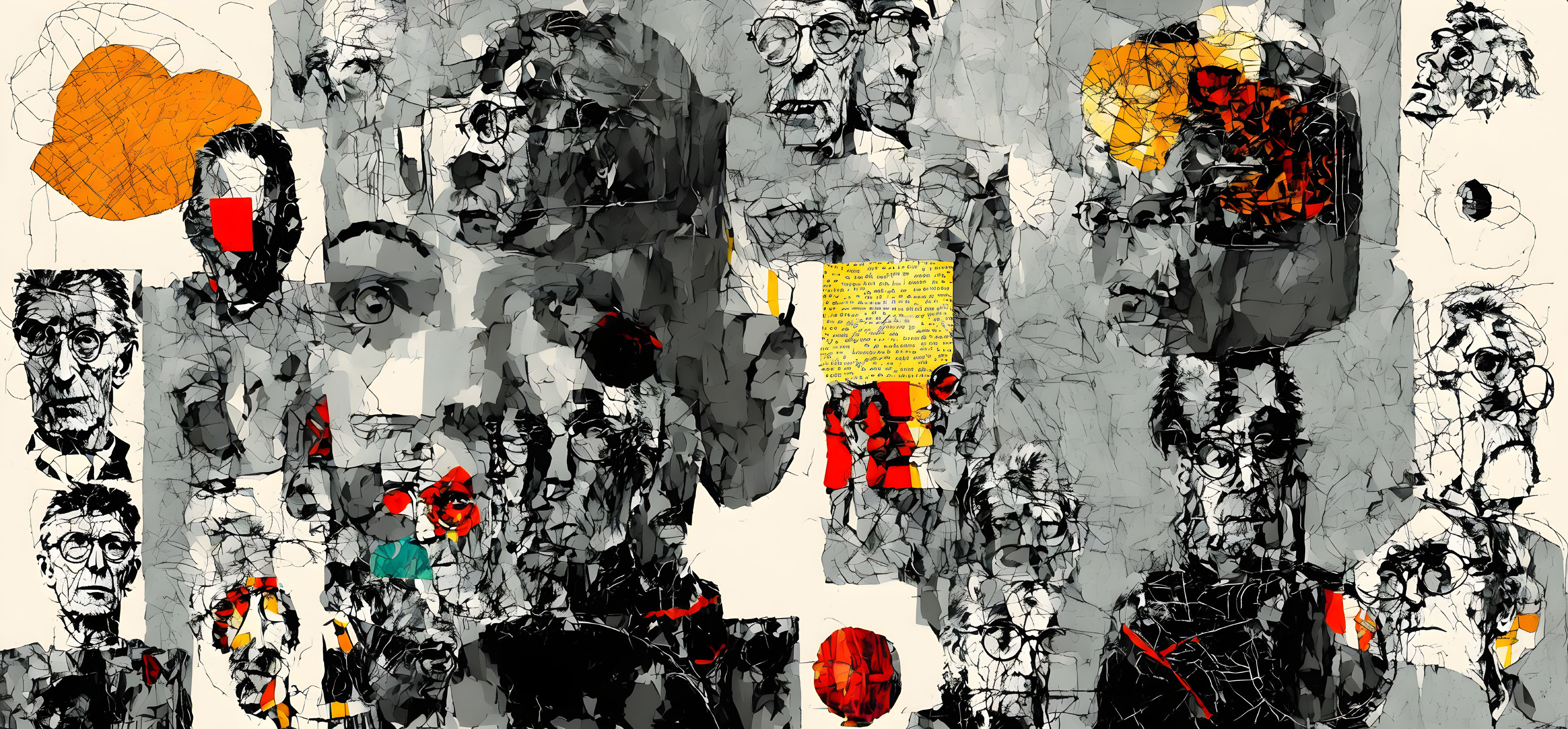 Assorted sketched faces in vibrant colors on grayscale backdrop