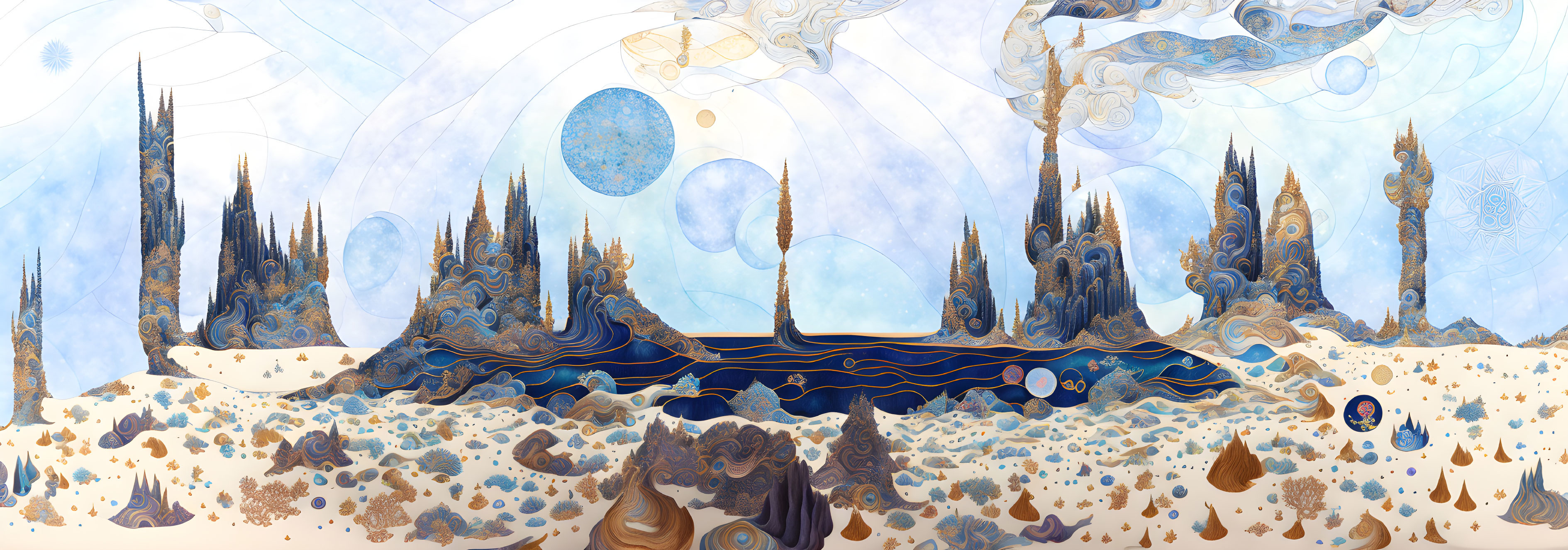 Fantasy landscape with whimsical structures and floating orbs