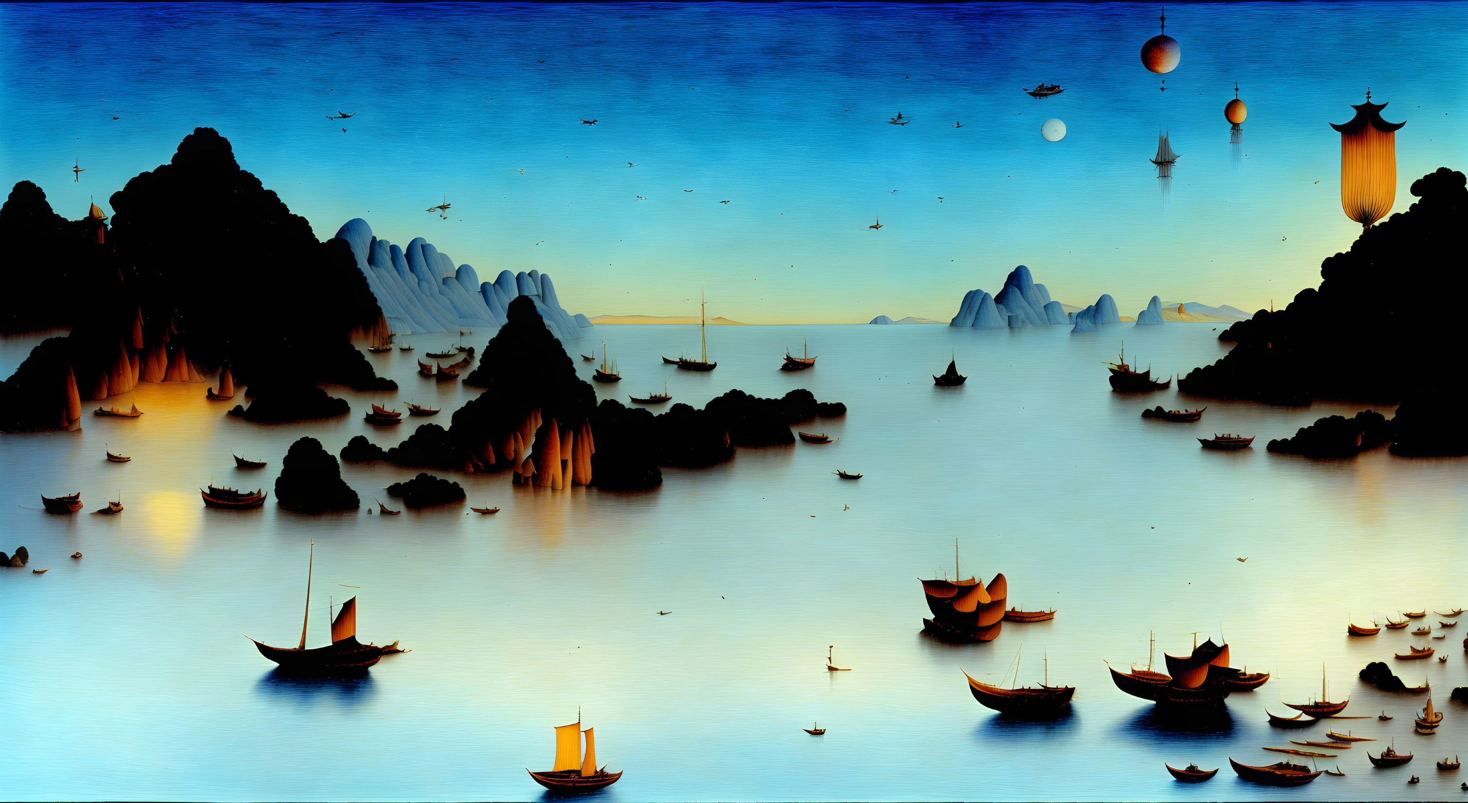 Tranquil seascape with traditional boats, karst mountains, lanterns, and twilight ambiance