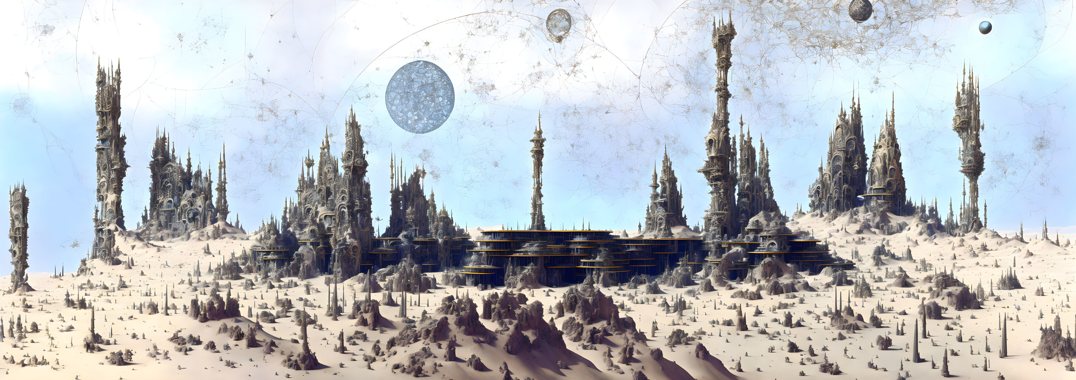 Panoramic alien landscape with towering spires and futuristic structure