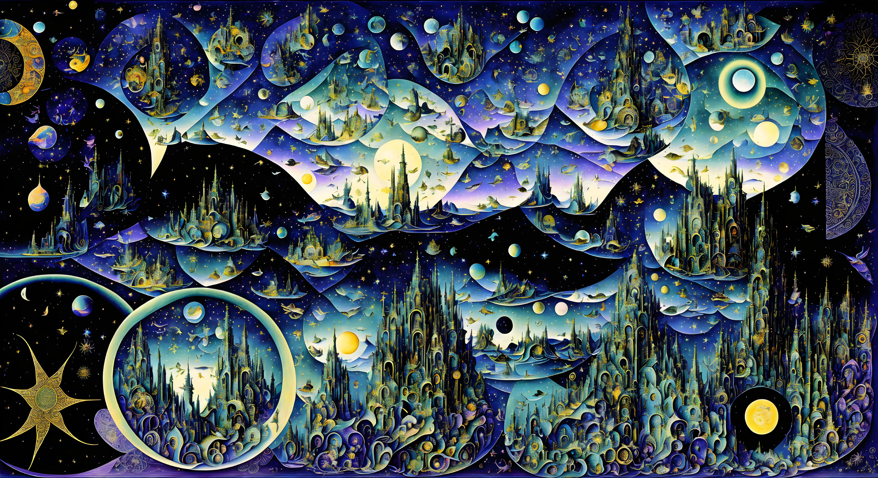 Colorful cosmic landscape with floating islands and moons in starry night sky