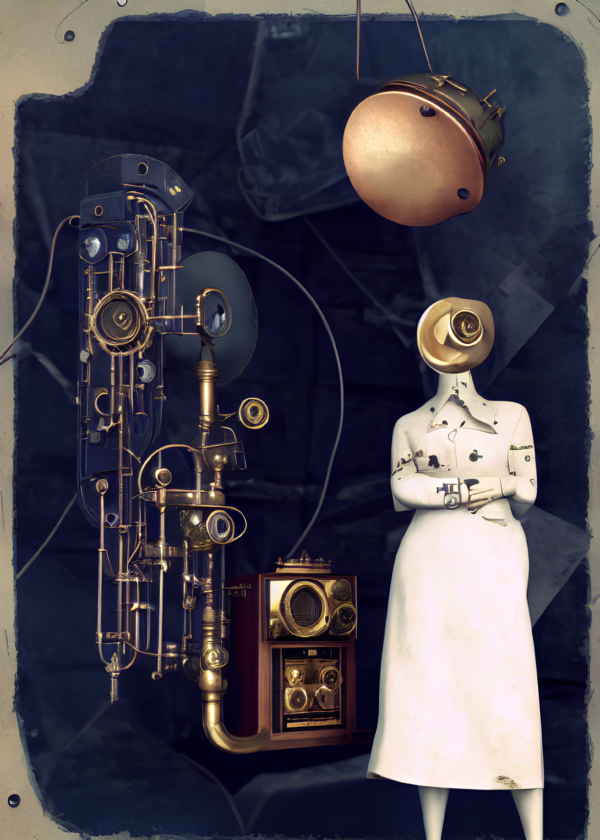 Steampunk-inspired figure with camera head on dark textured background