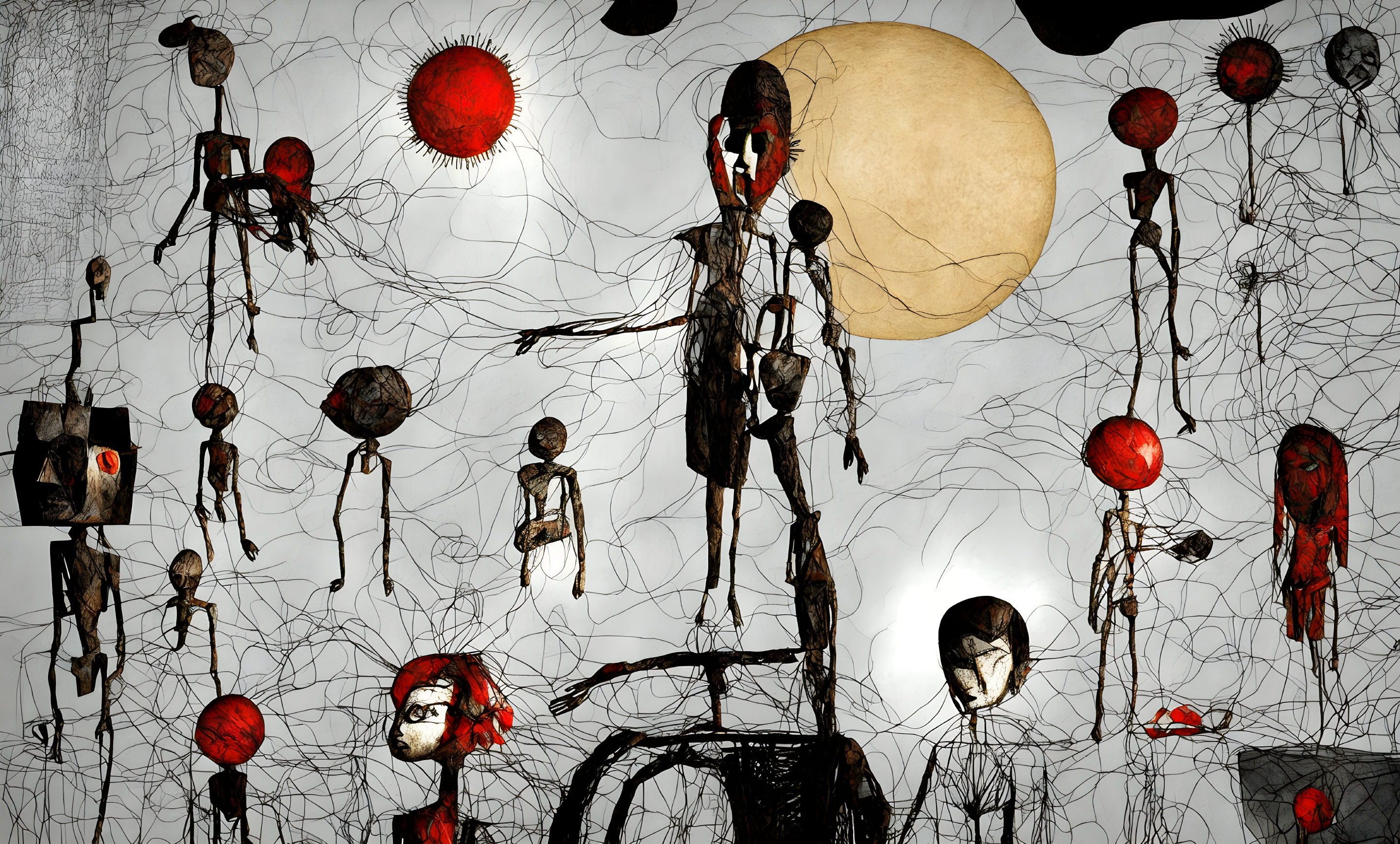 Abstract artwork with humanoid figures, wire scribbles, red spheres, and a large yellow moon-like