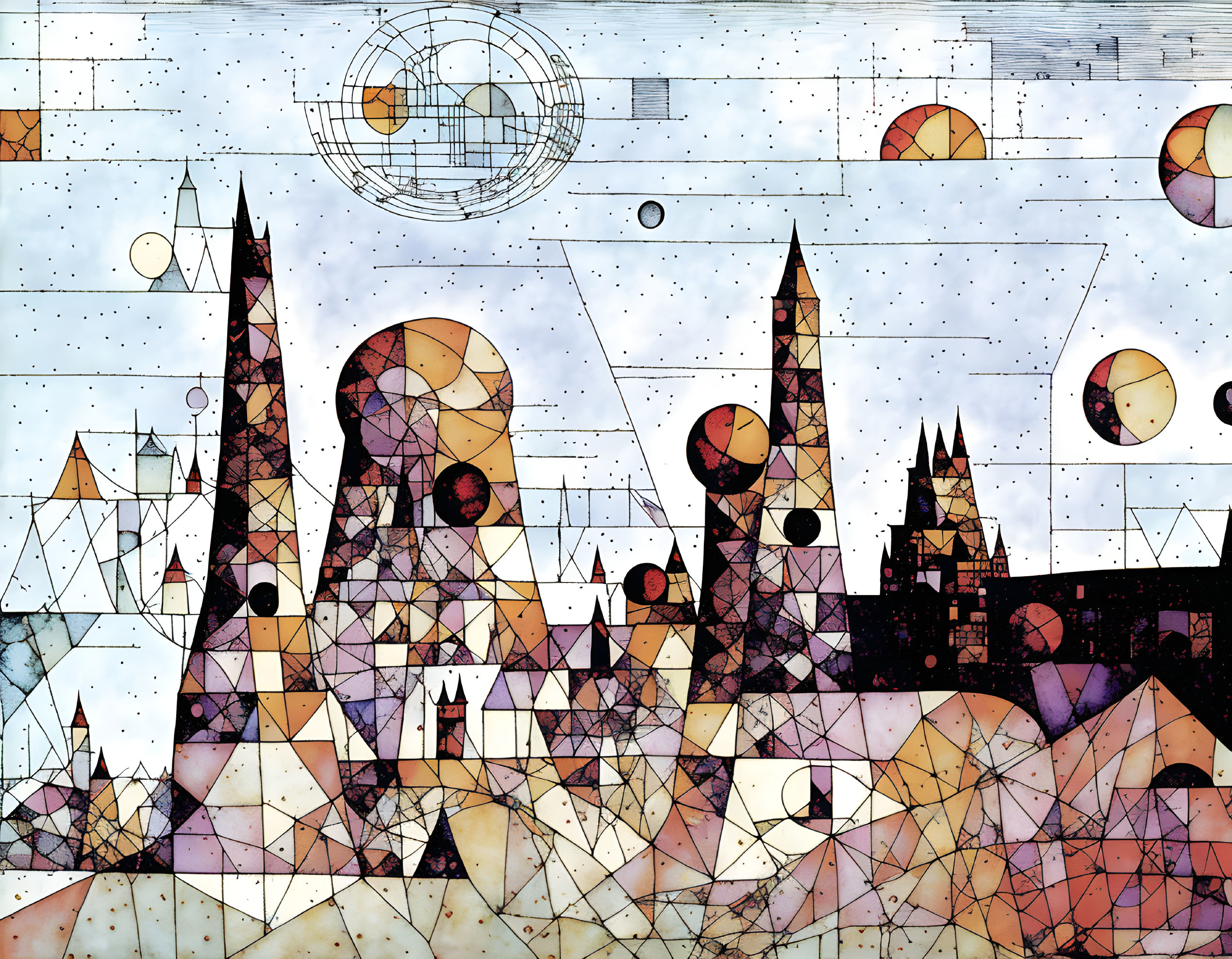 Geometric landscape with city skyline, shapes, lines, circles, suns, and moons