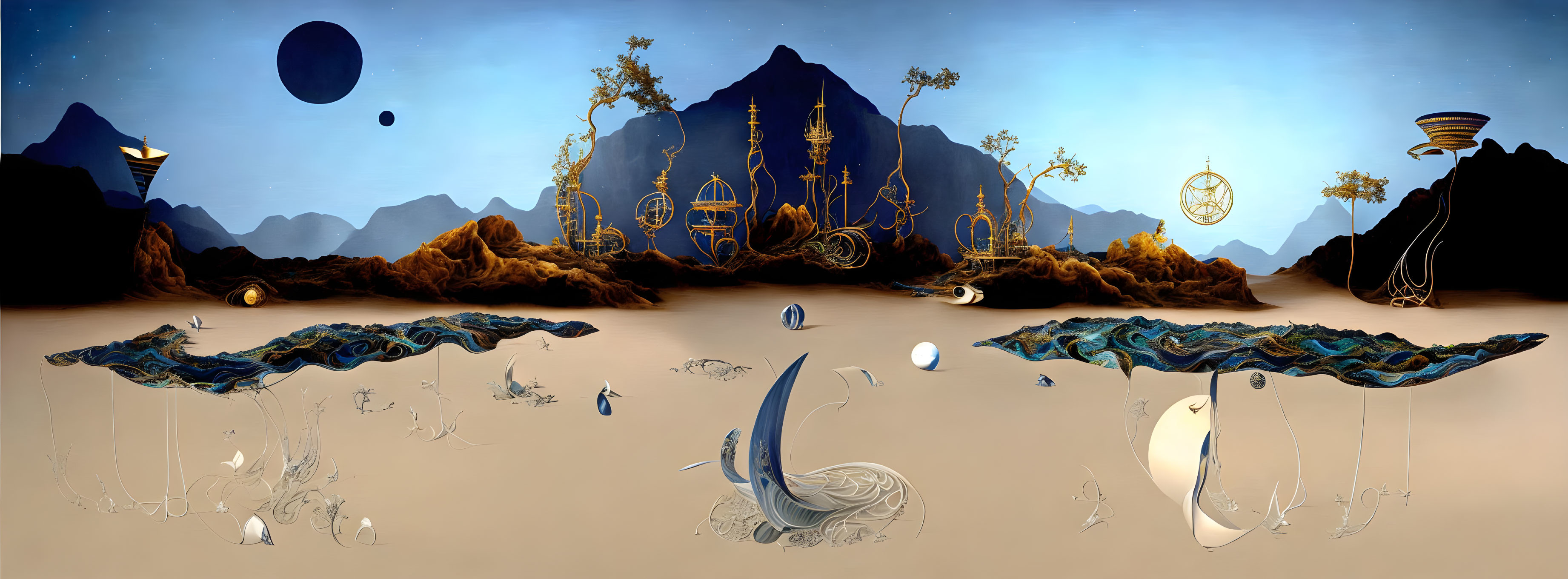 Surreal Blue Desert with Golden Structures and Floating Rocks