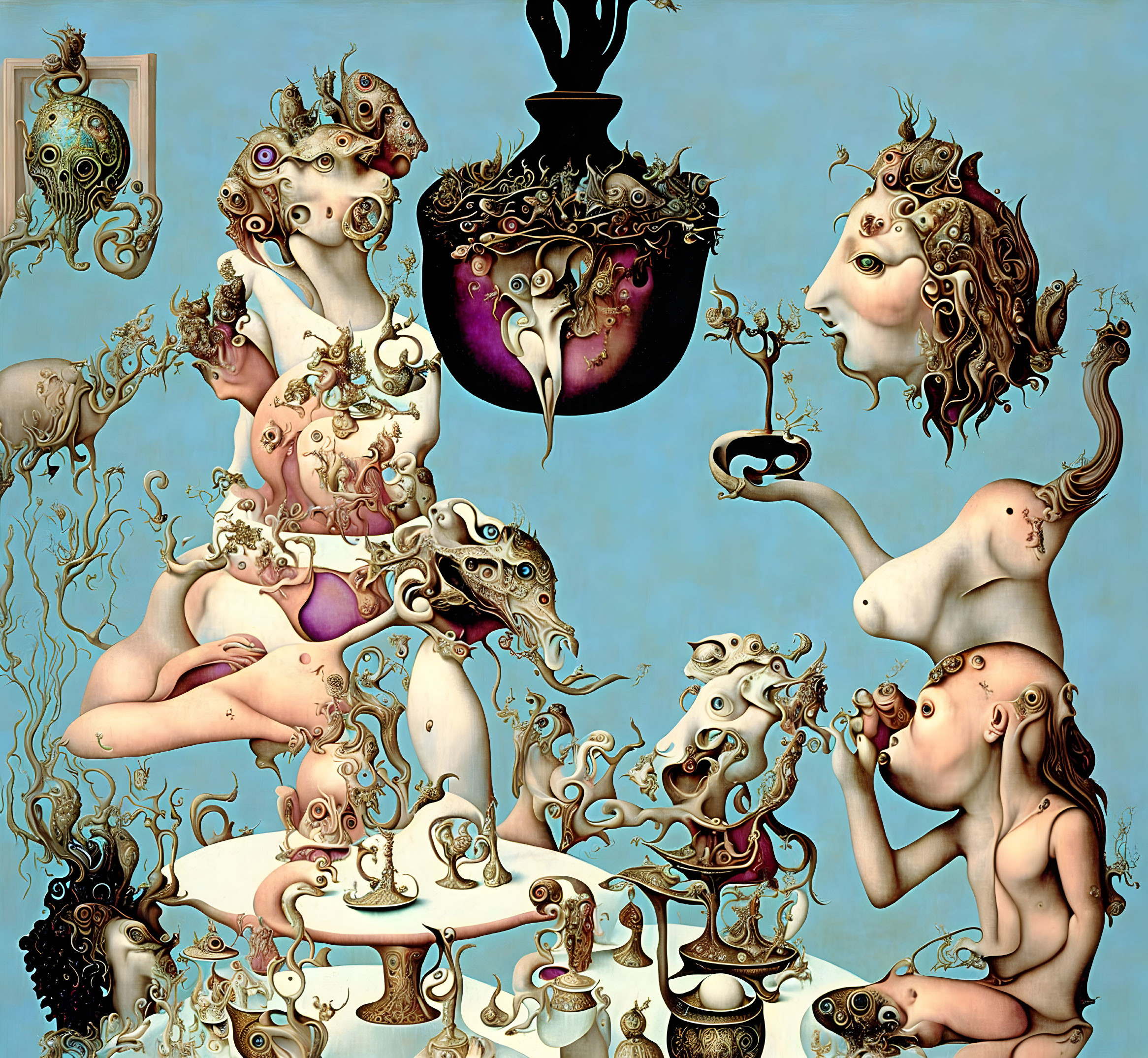 Surreal Art: Entwined Figures, Ornate Vessels, Serpentine Forms