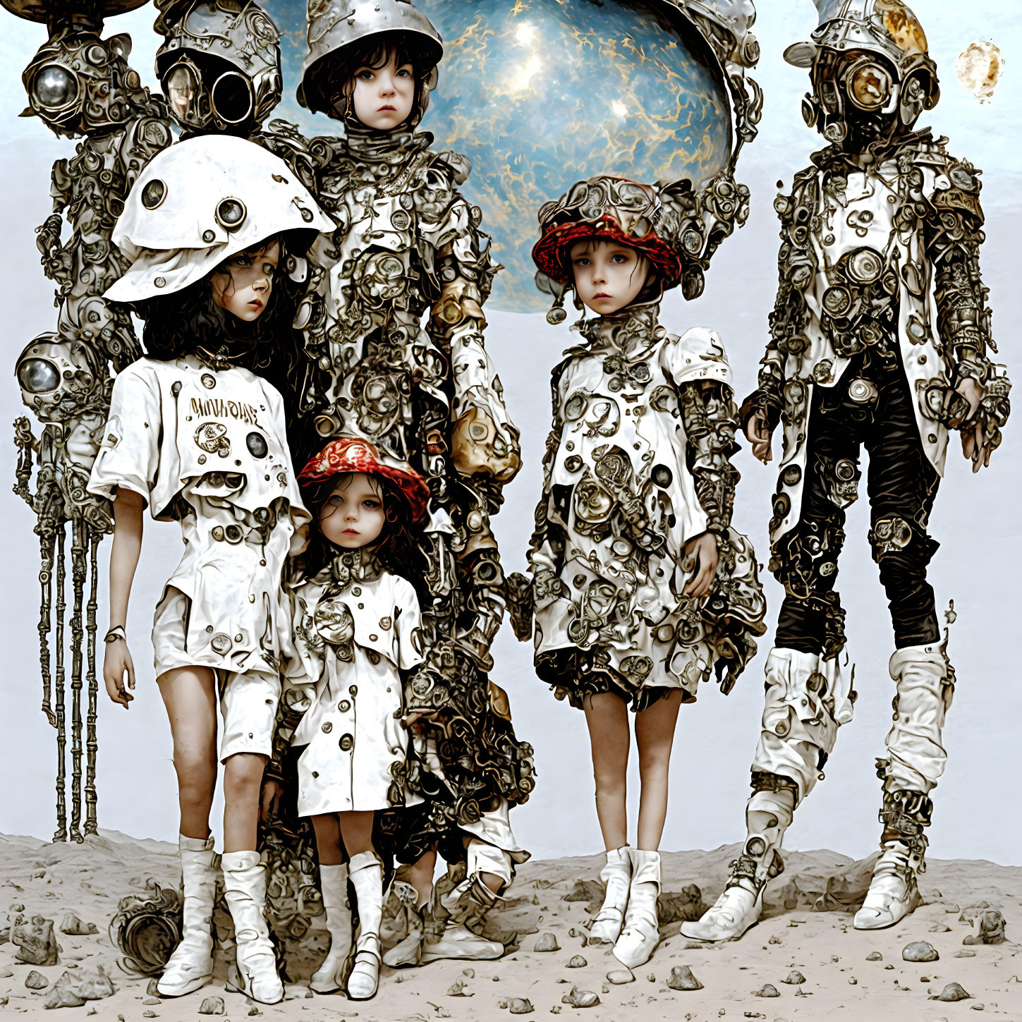 Four steampunk-inspired figures in elaborate armor on neutral background