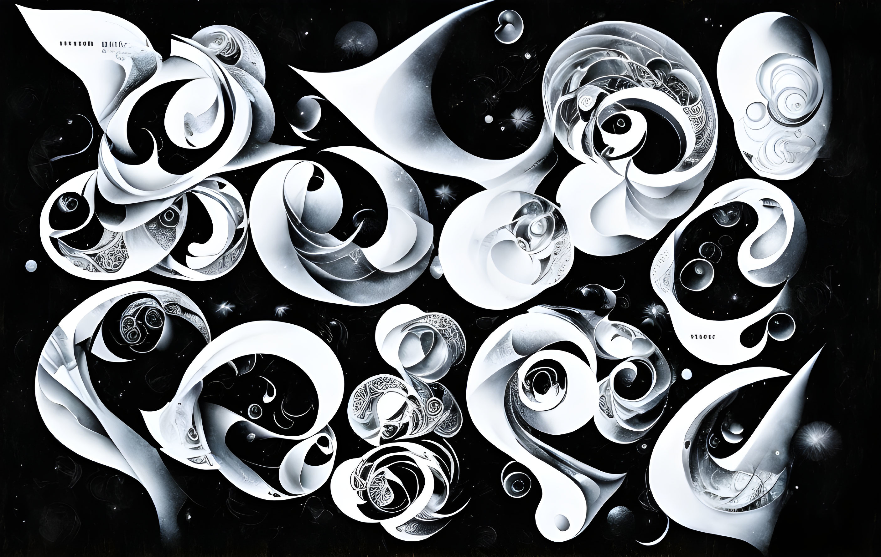 Abstract black and white swirling patterns and textures with gleaming light.