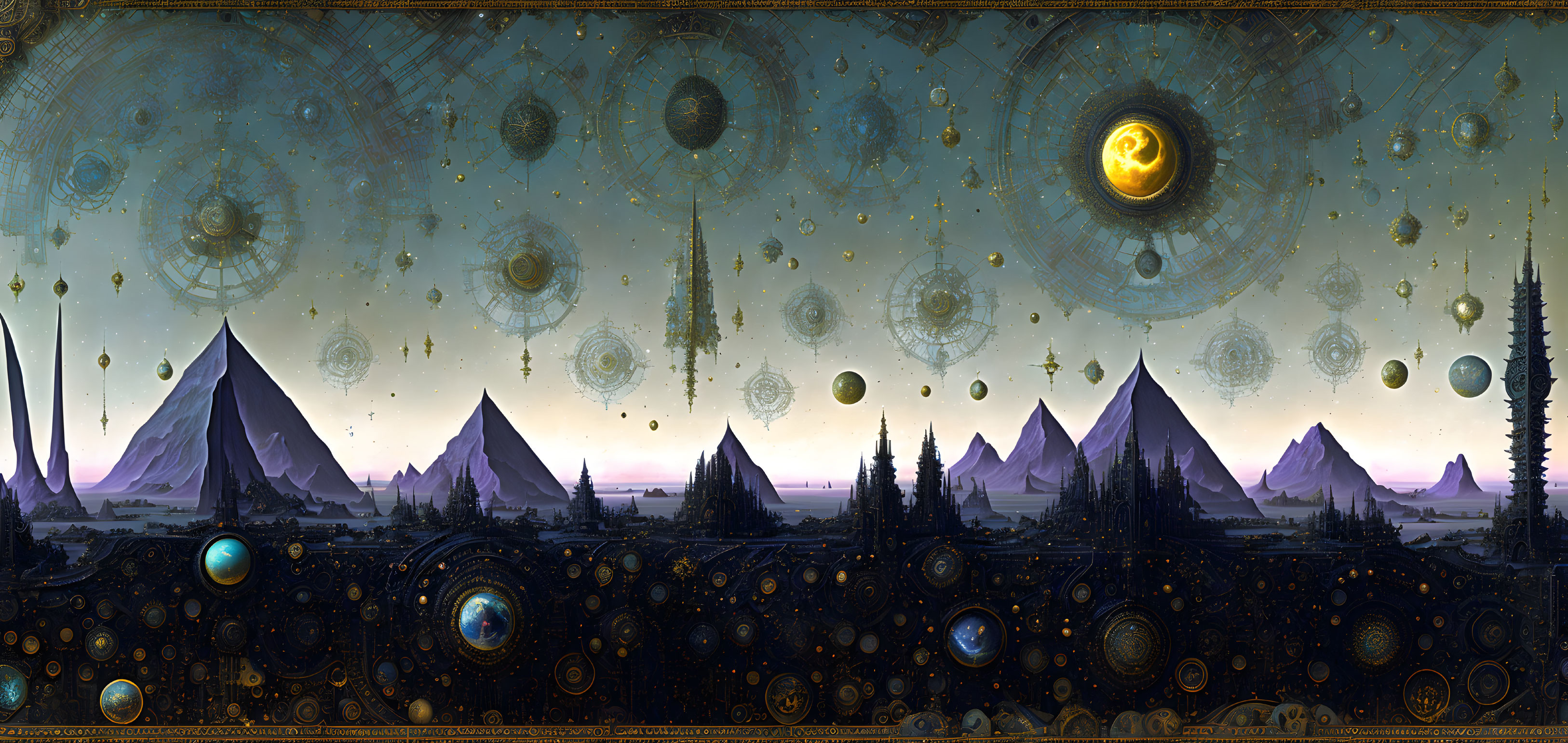 Fantastical steampunk landscape with pyramids and celestial gears