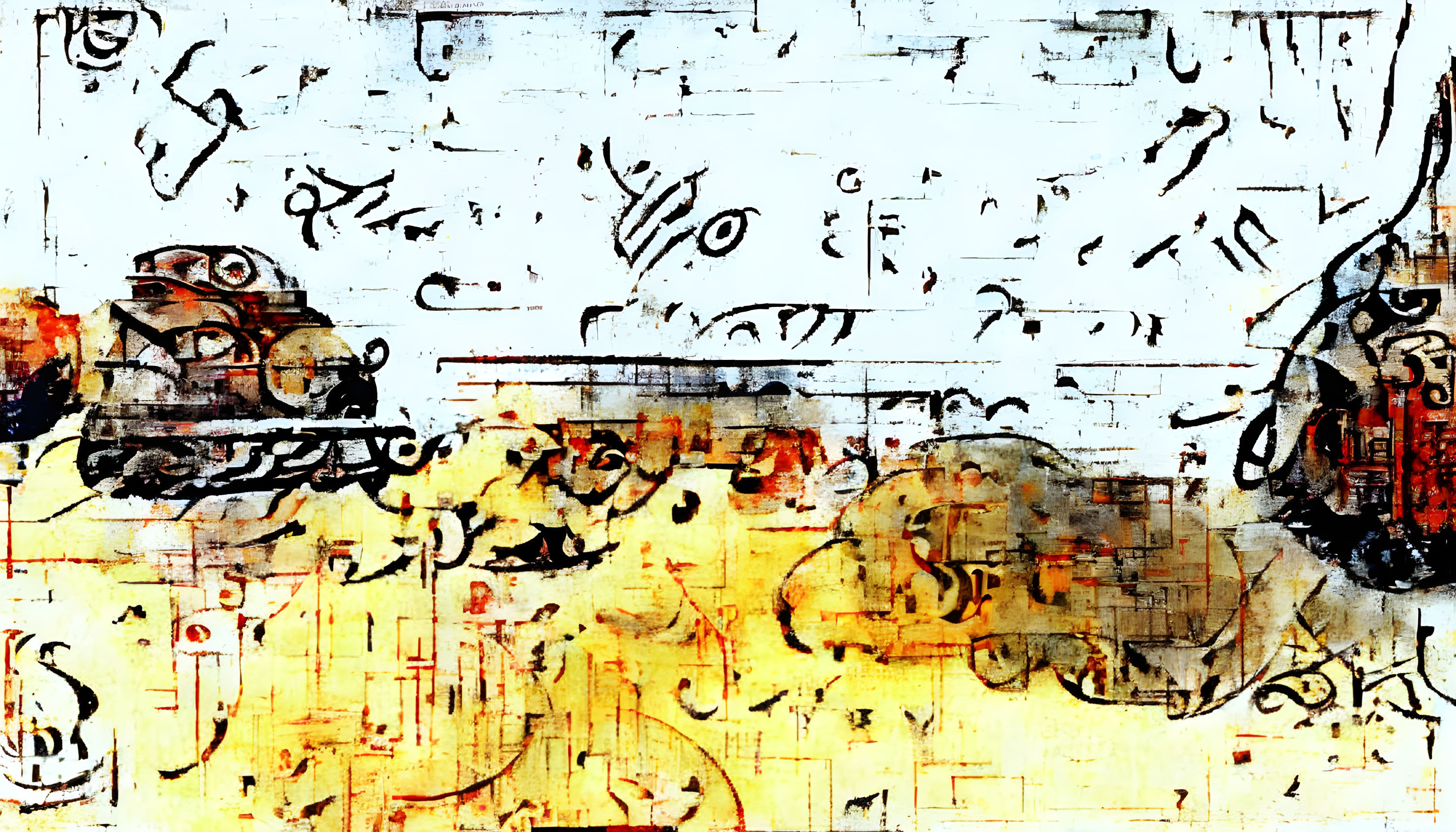 Abstract artwork: Musical notations and brush strokes in red, yellow, black palette