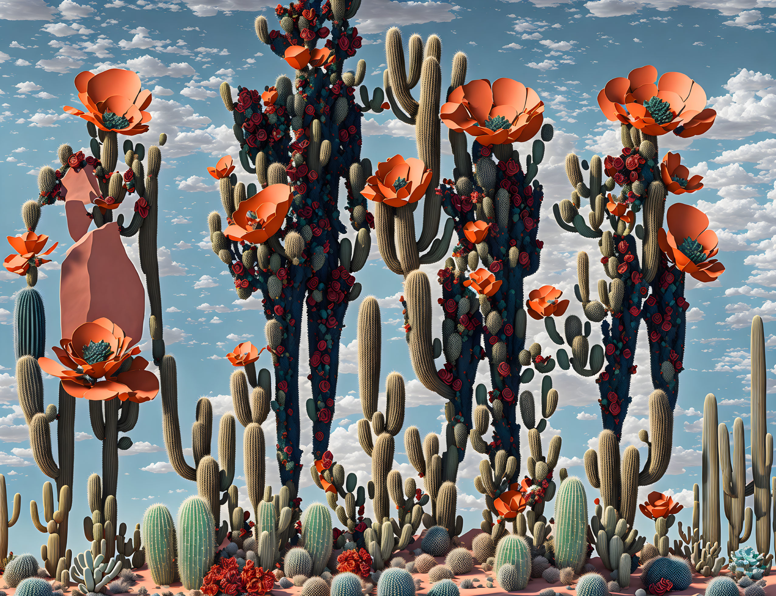 Surreal desert landscape with stylized cacti and flowers under a blue sky