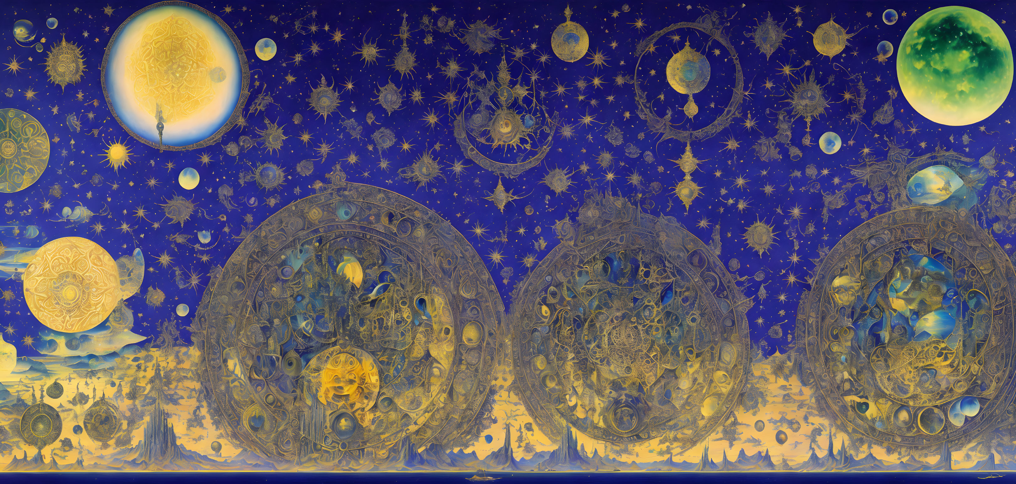 Ornate cosmic panorama with circular gears and celestial bodies