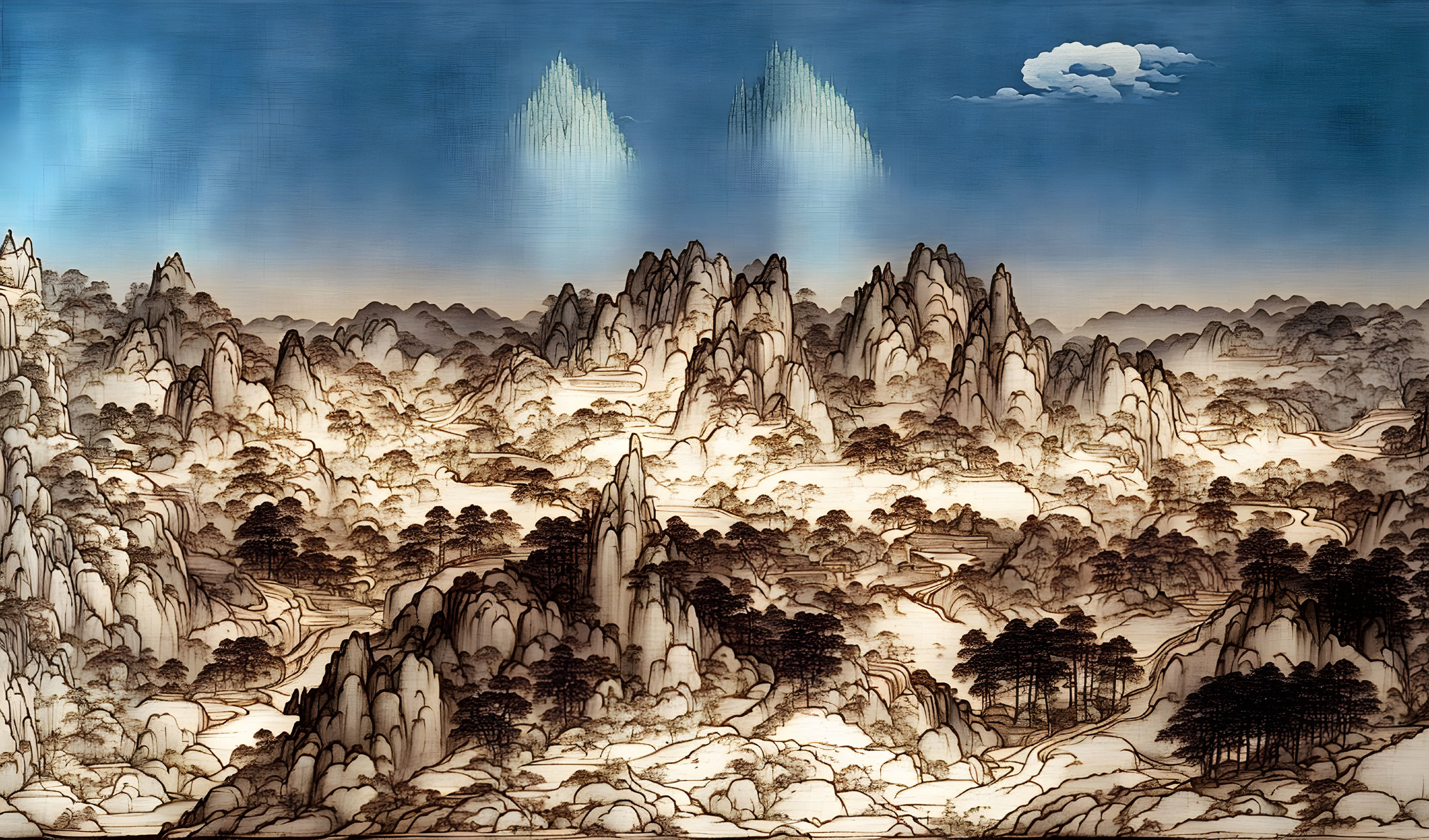 East Asian Style Ink Painting of Mountainous Landscape