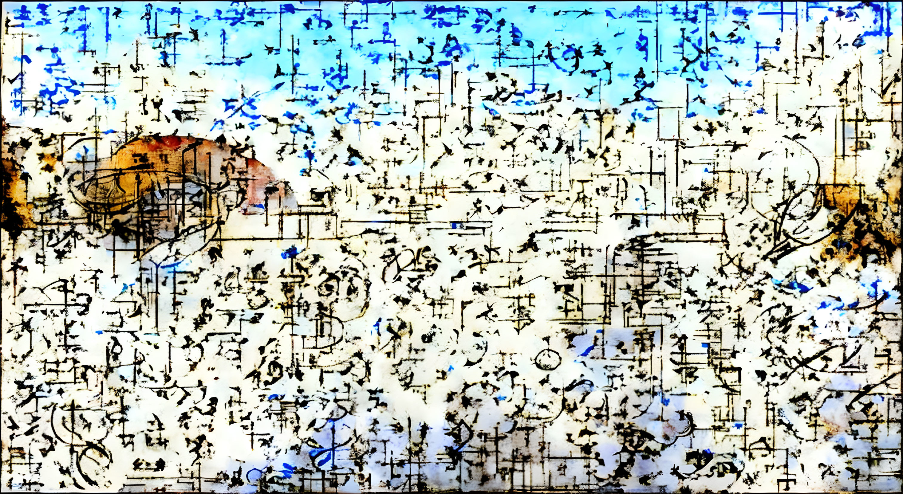 Blue ink splatters and rust stains on architectural blueprint backdrop.