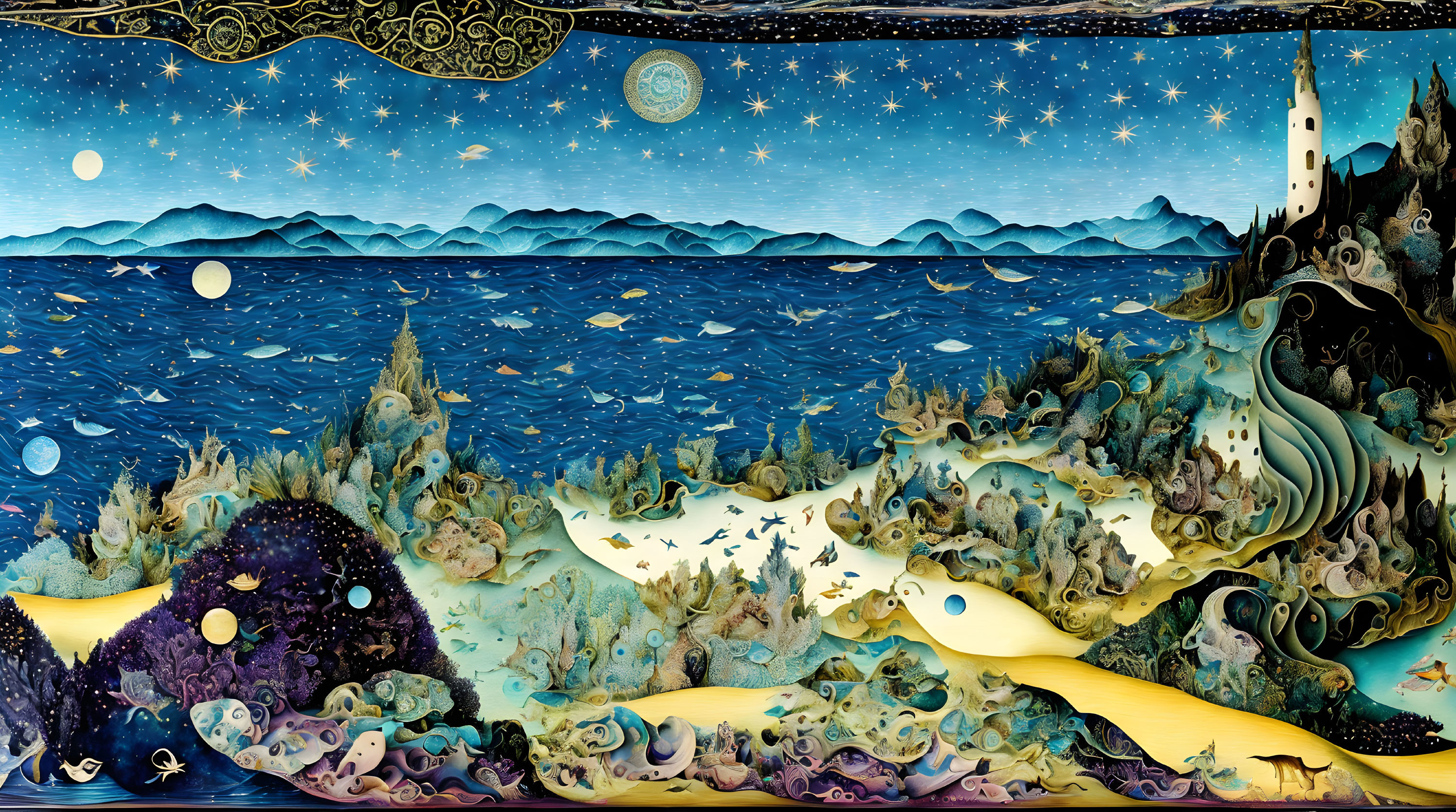 Whimsical star-filled night sky over fantastical sea with mythical creatures and castle cliff