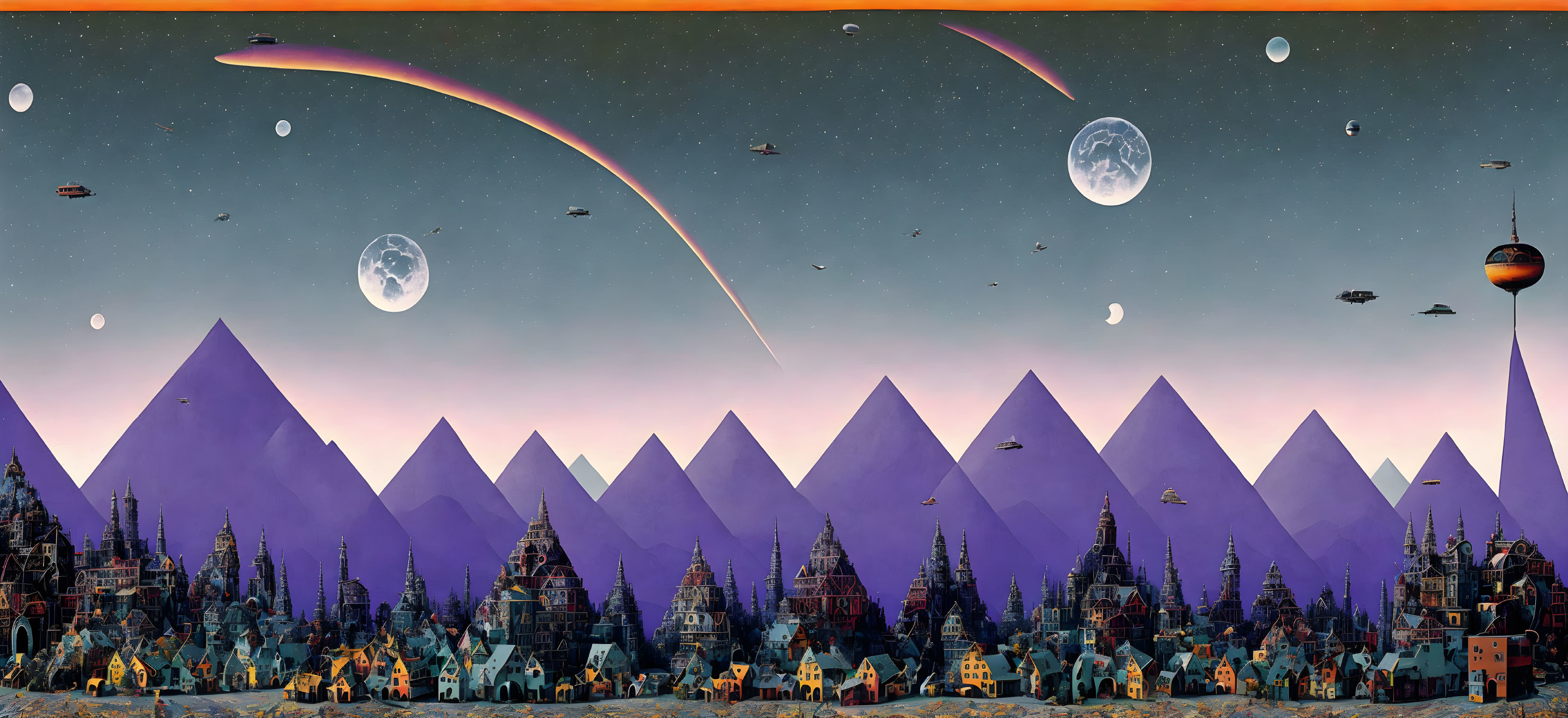 Panoramic alien cityscape with purple mountains, moons, spacecraft, and starry sky