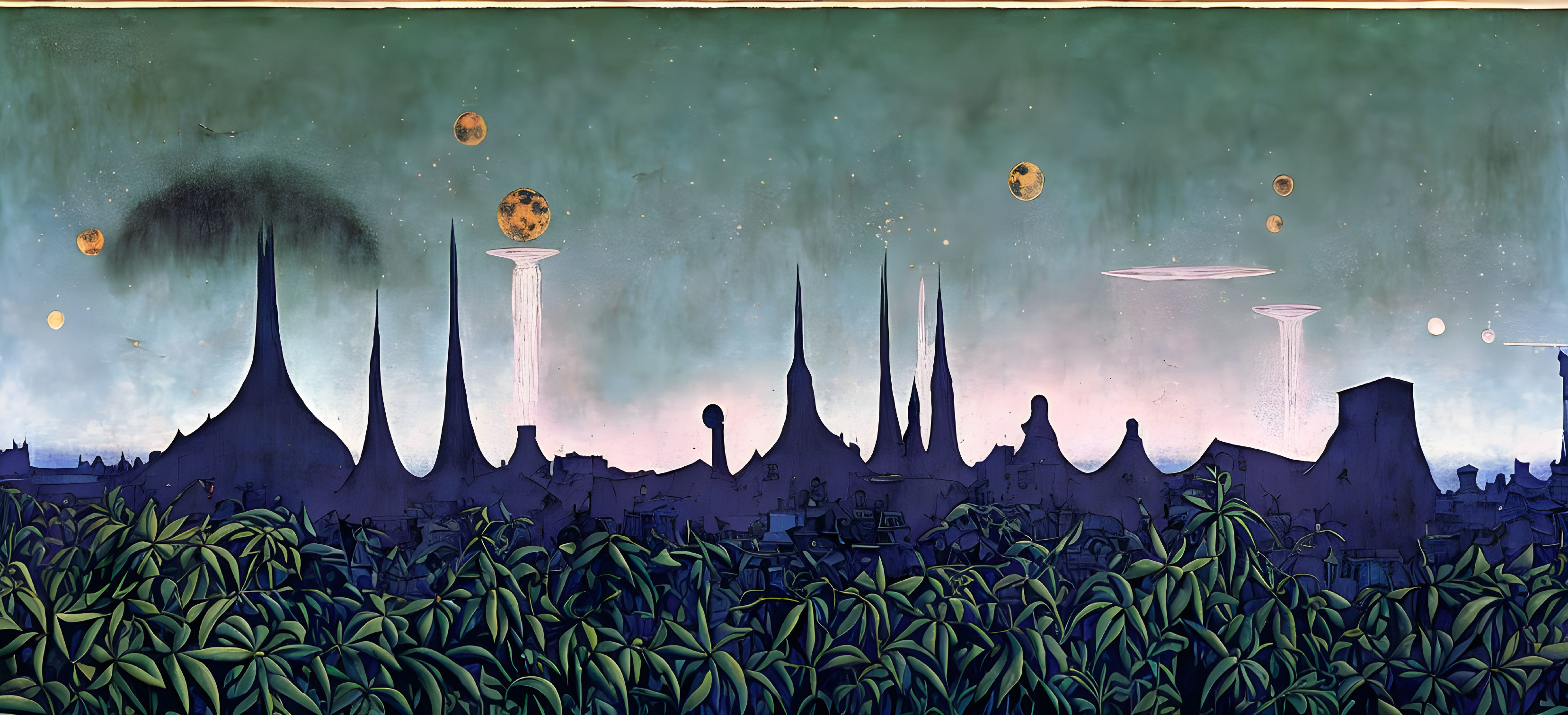 Panoramic alien cityscape with dark spires and twilight sky