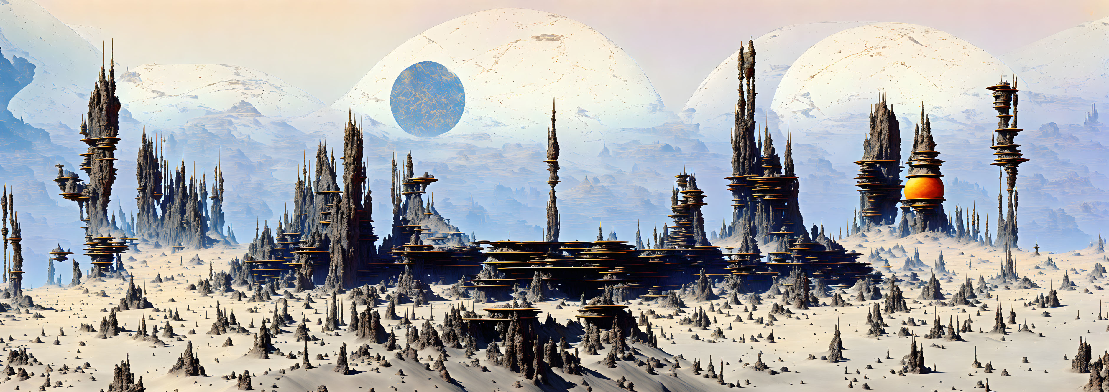 Alien landscape with tall spires on snowy terrain and three moons.