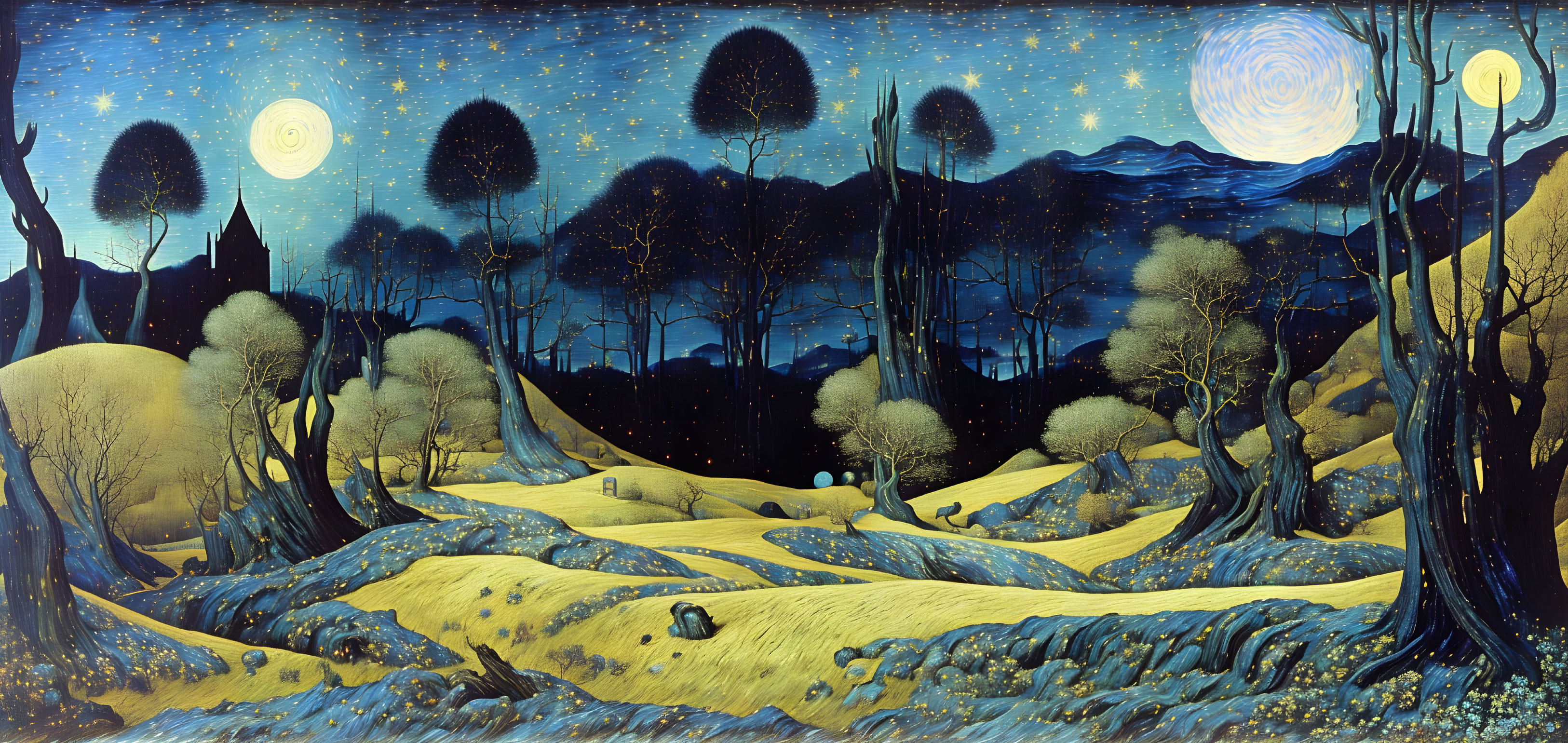 Stylized nocturnal landscape with swirling skies and crescent moons in vivid blues and yellows