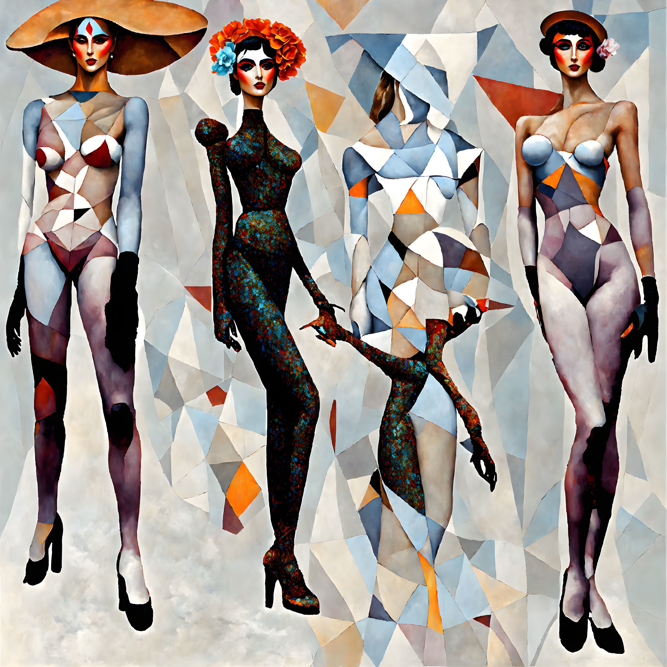 Avant-garde stylized female figures with geometric patterns on abstract background