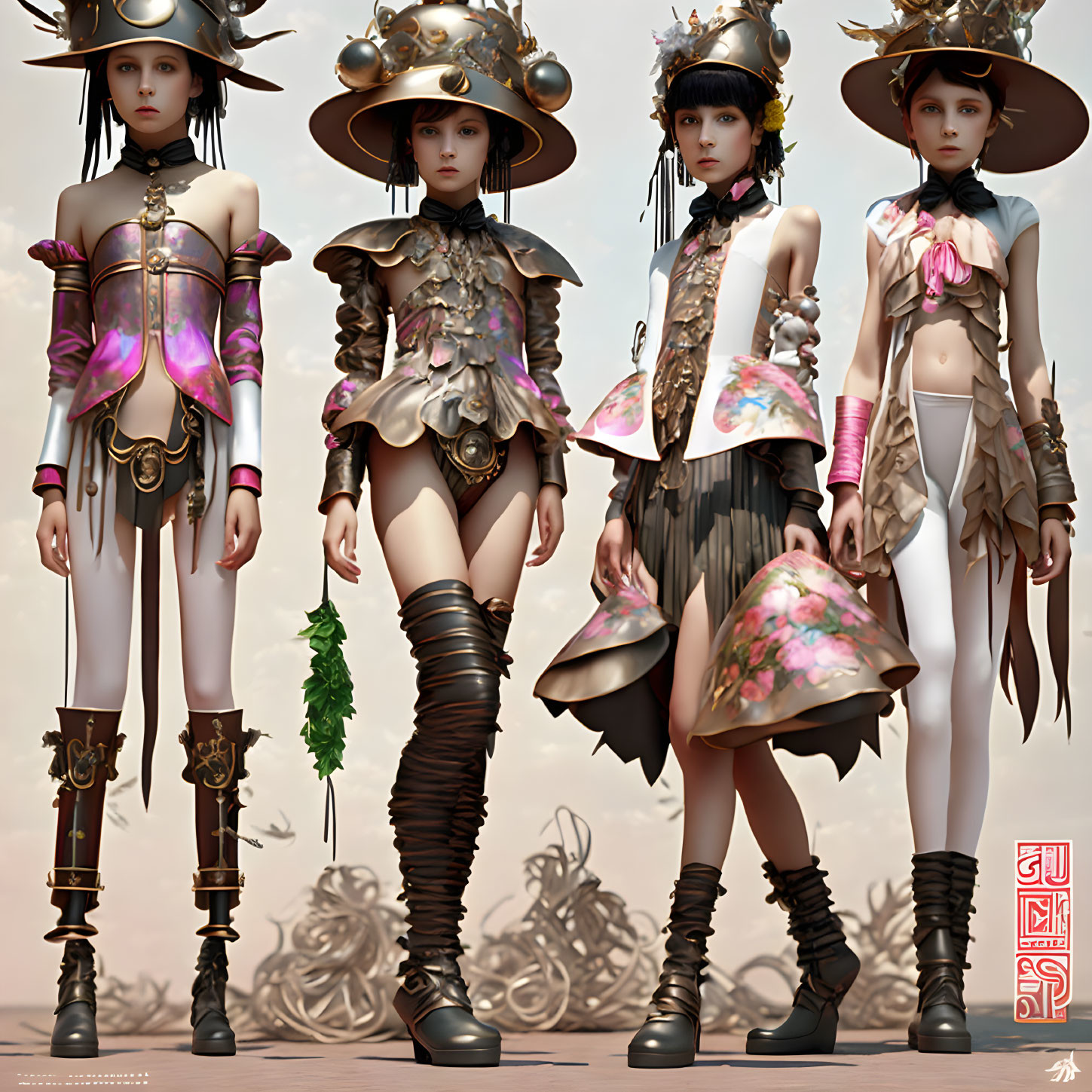 Stylized female characters in intricate steampunk attire with metallic and floral elements