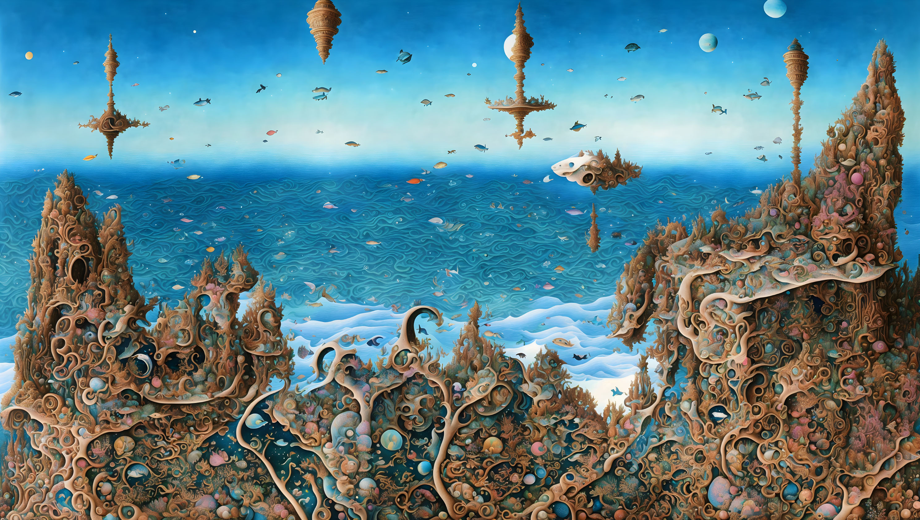 Fantastical landscape with intricate rock formations and flying creatures