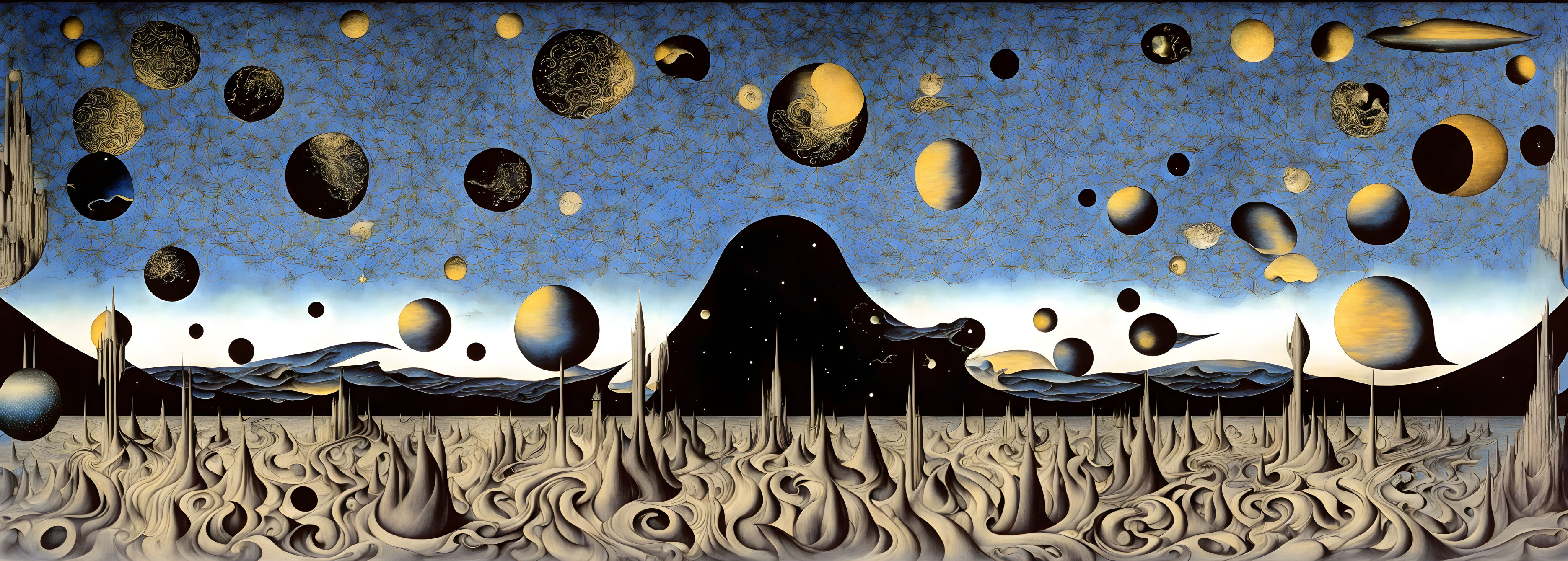 Surrealist landscape with melting clocks in desert under starry sky