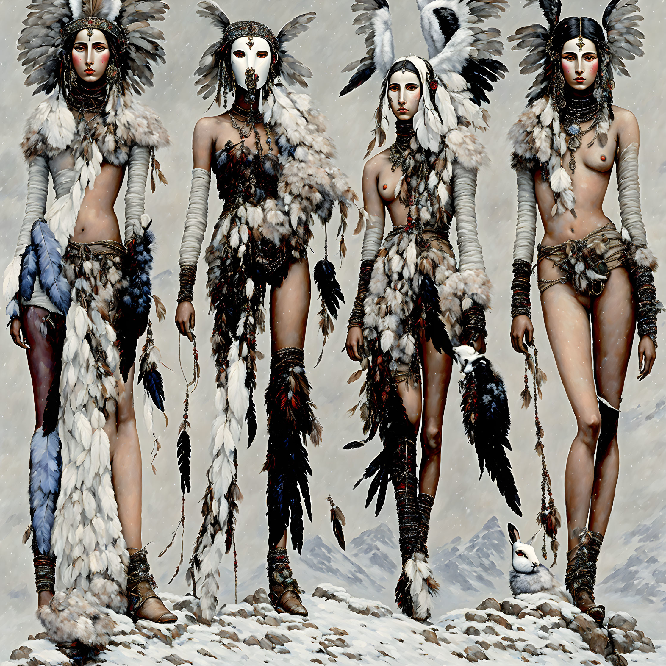 Four individuals in tribal attire with feathered headdresses and animal skull masks, standing with a white rabbit