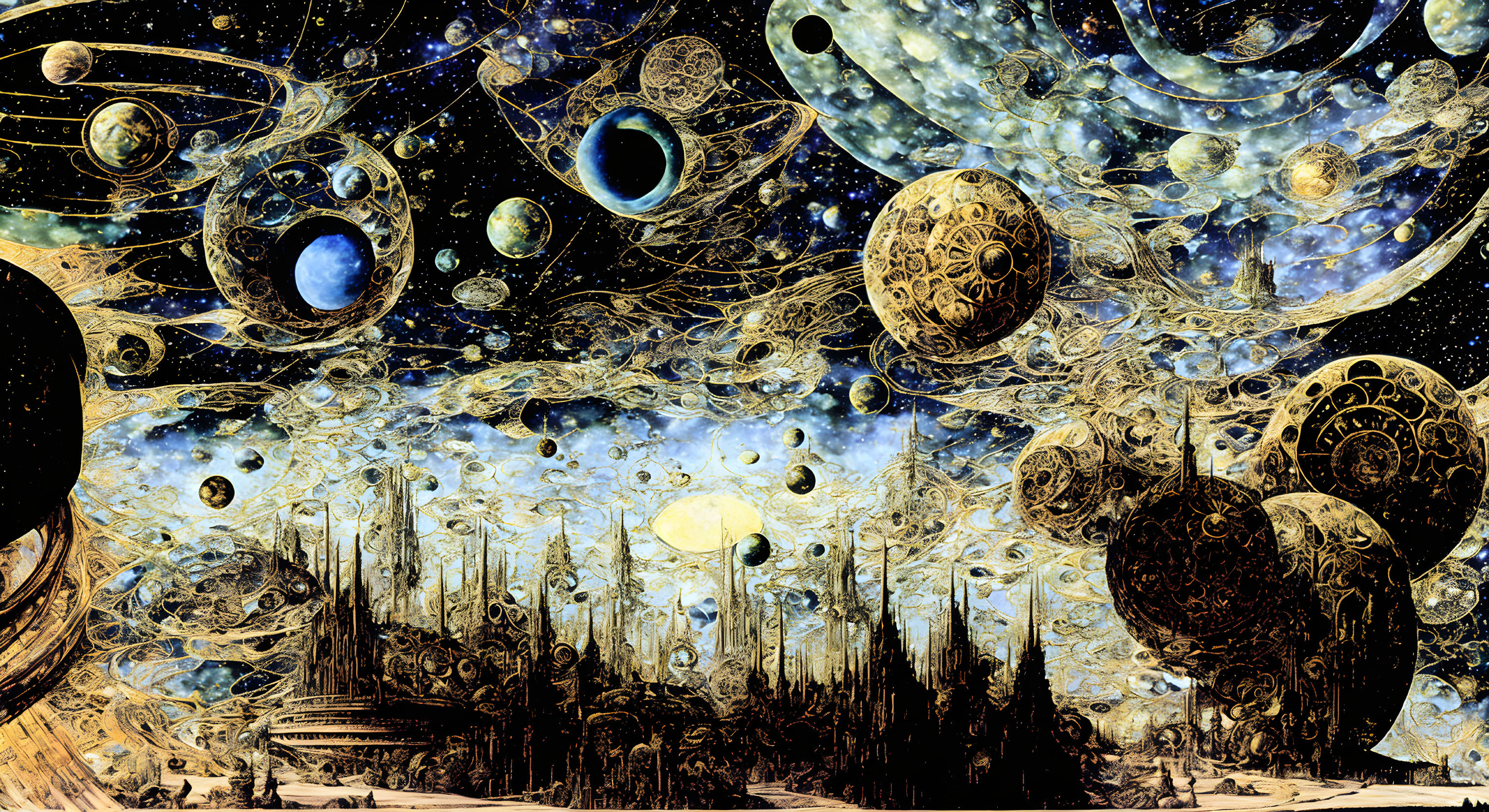 Surrealist space scene with celestial bodies and swirling galaxies