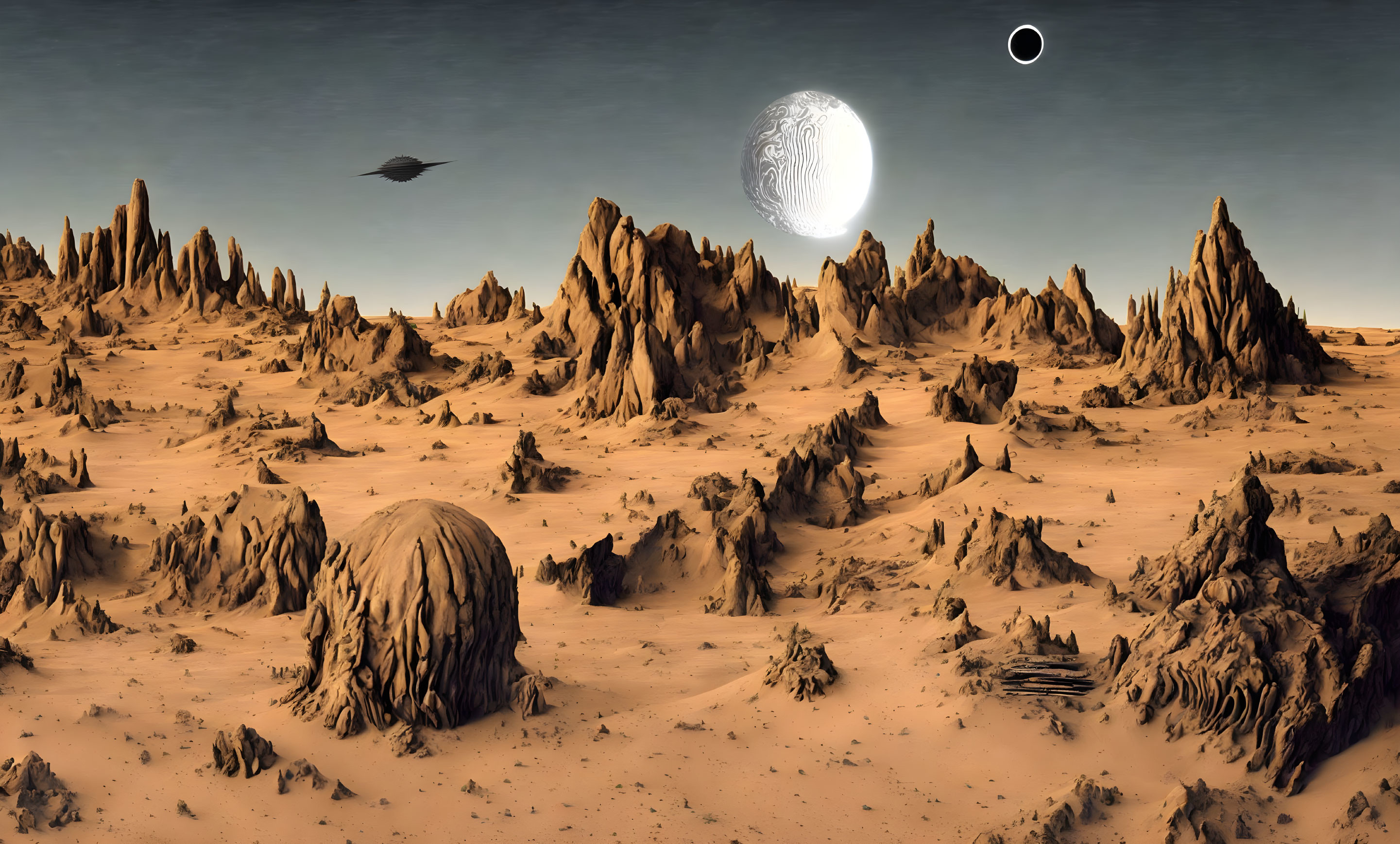 Alien landscape with moon, saucer, and ringed planet