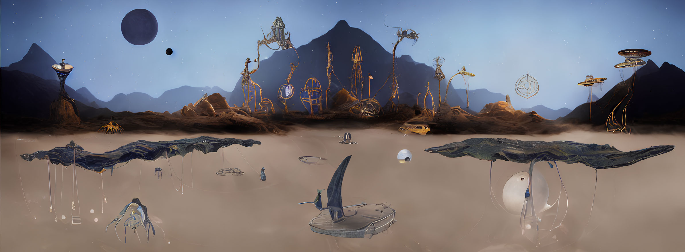 Panoramic sci-fi landscape with extraterrestrial structures and robotic entities