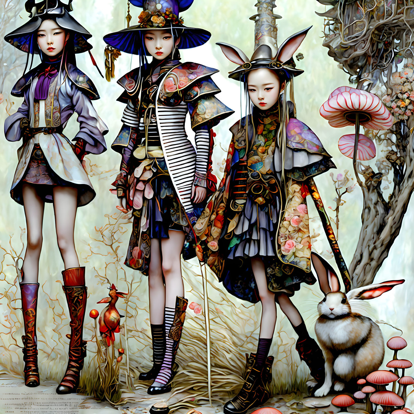 Three stylized female figures in elaborate fantasy attire with Asian influences among flora and fauna, with a rabbit