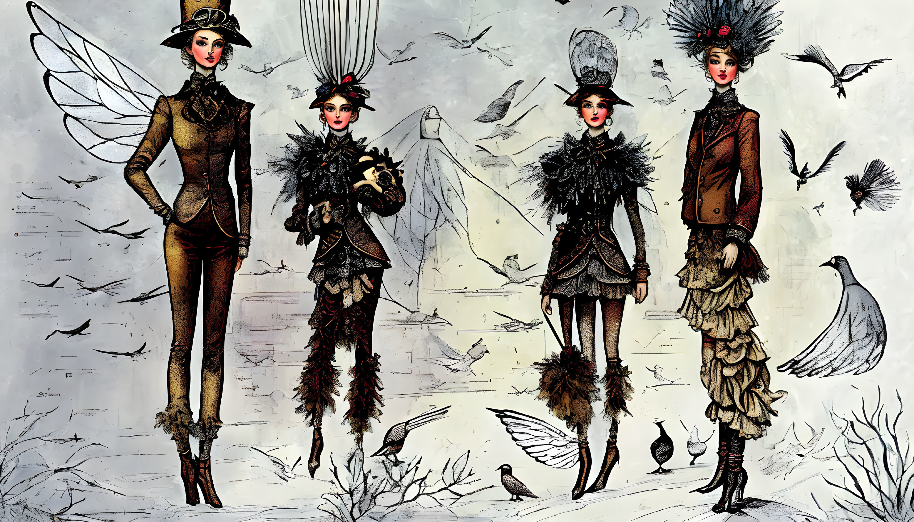 Stylized female figures in avian-themed outfits with whimsical fashion illustration vibe