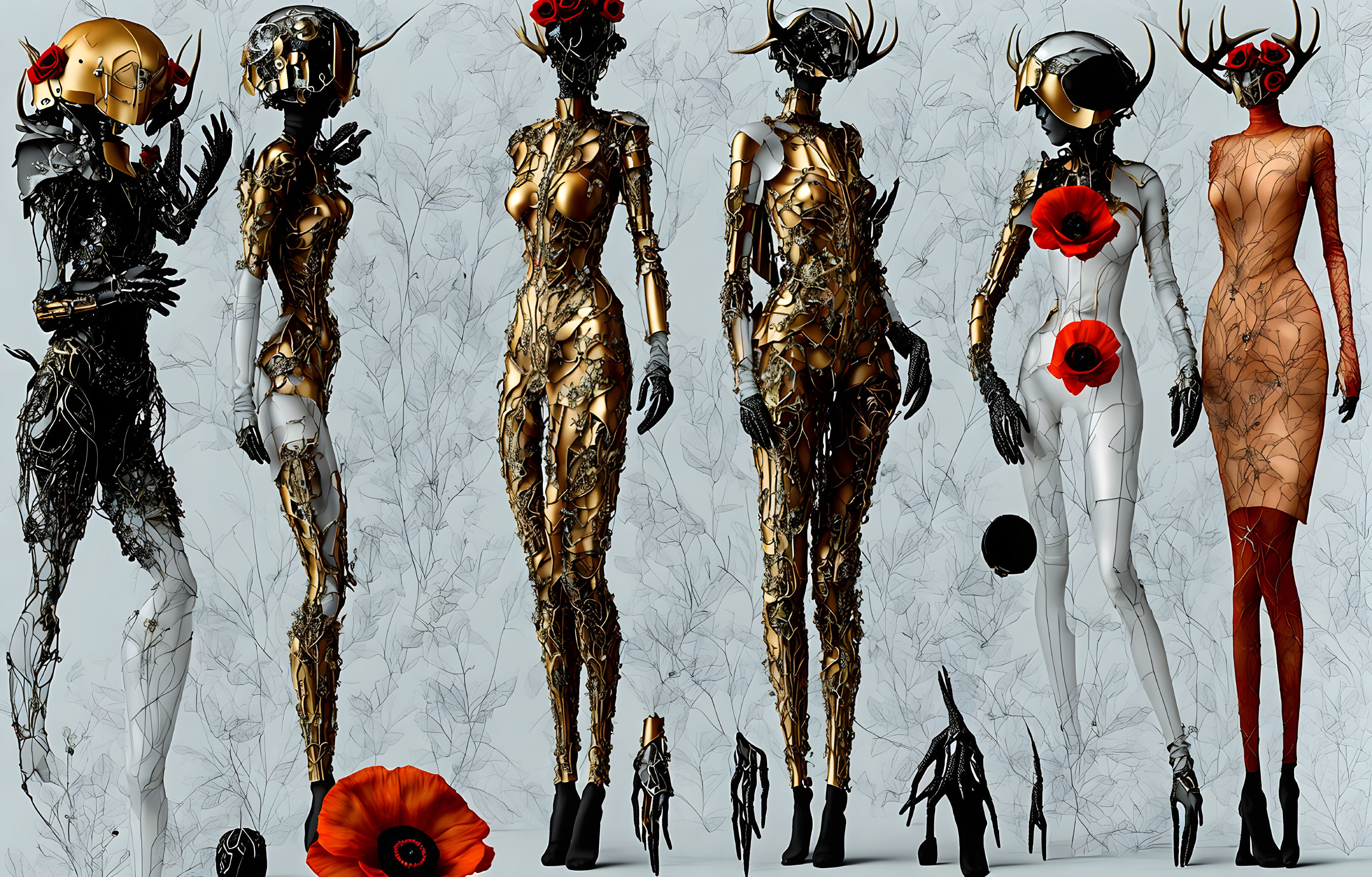 Five humanoid figures with golden mechanical designs, one with red accents