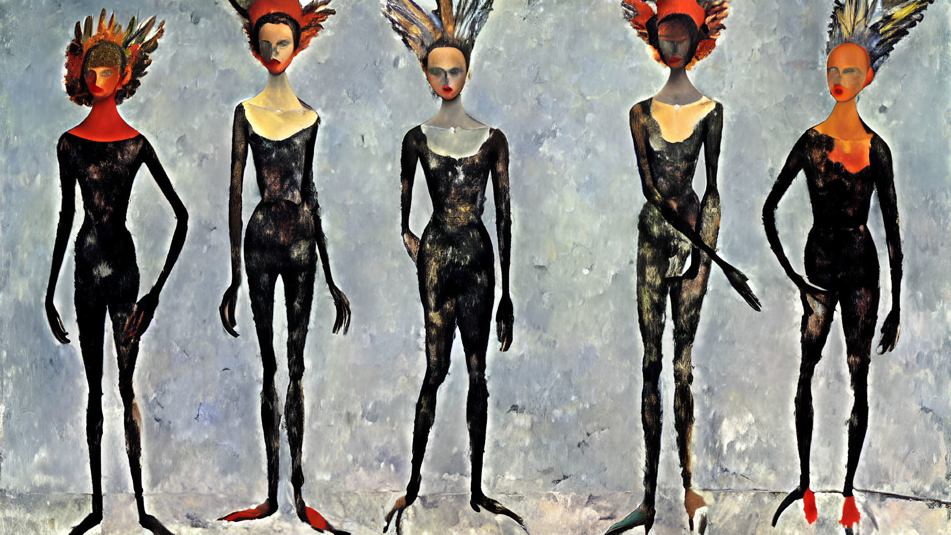 Abstract humanoid figures with bird-like features and colorful headdresses on textured blue-grey background