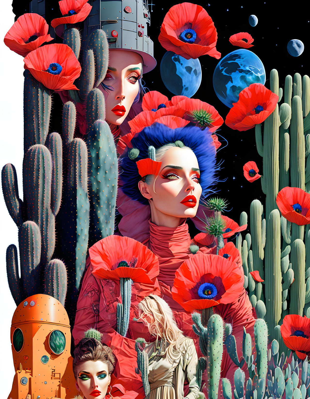 Colorful artwork: female figures with blue hair in surreal desert landscape