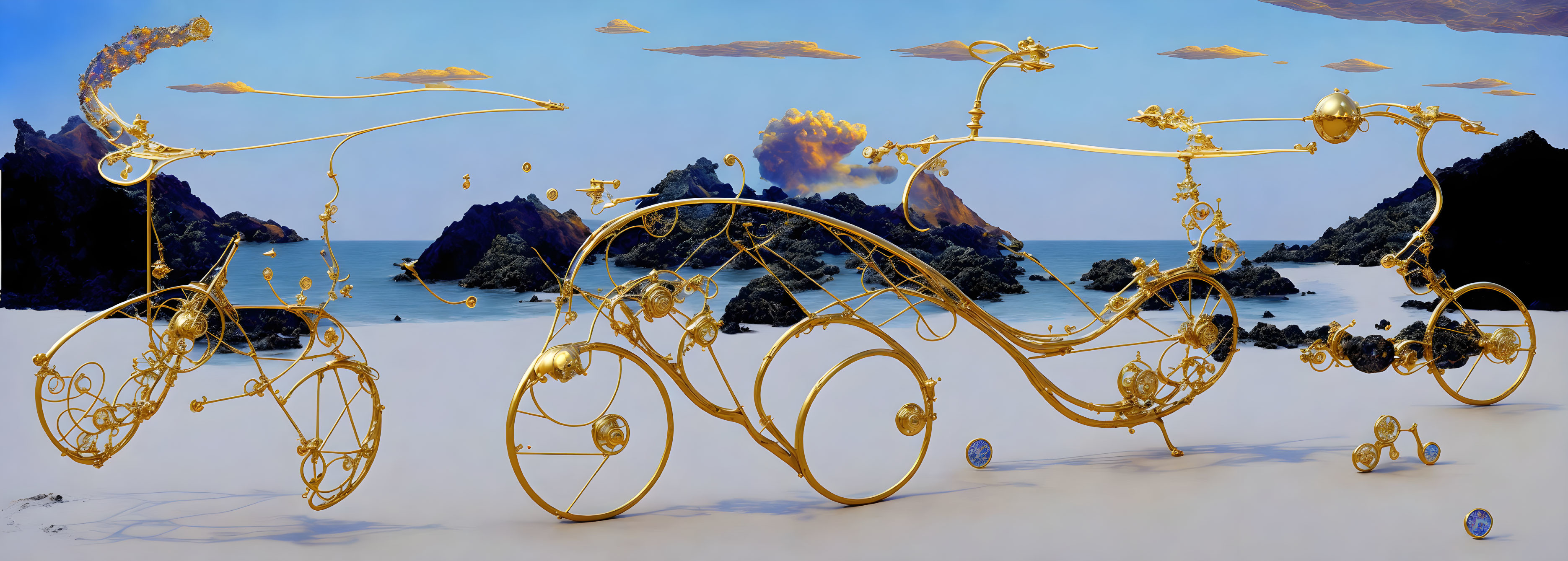 Ornate golden bike-like structure in surreal landscape