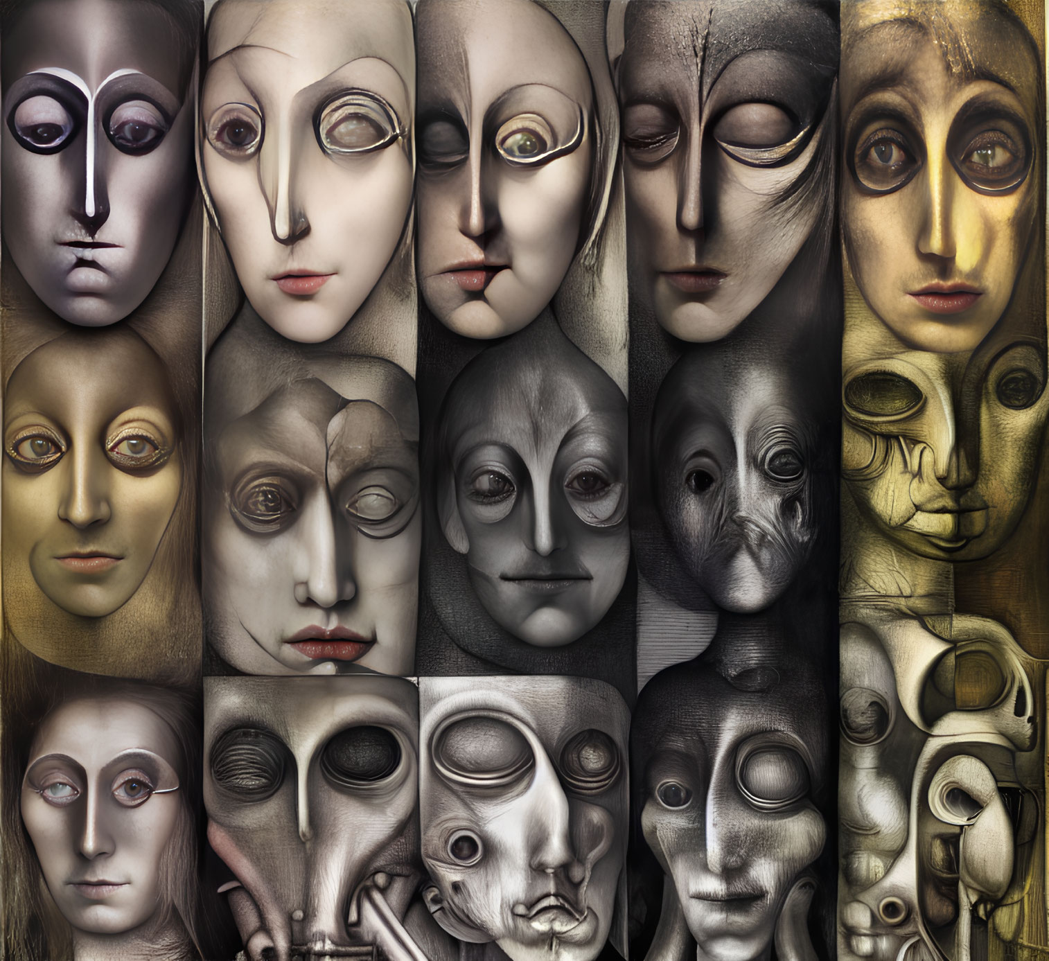 Surreal collage of artistic faces with robotic features in metallic tones