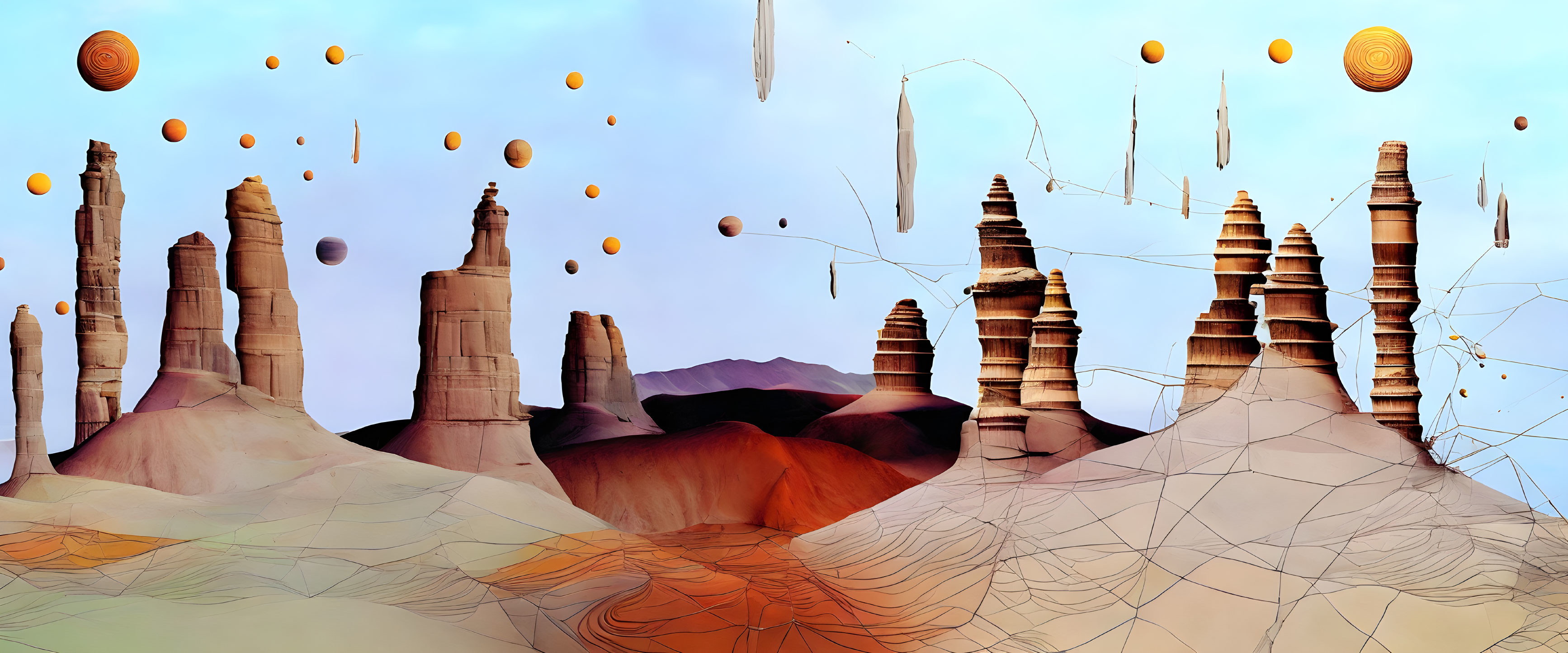 Surreal desert landscape with towering rock formations and floating geometric shapes