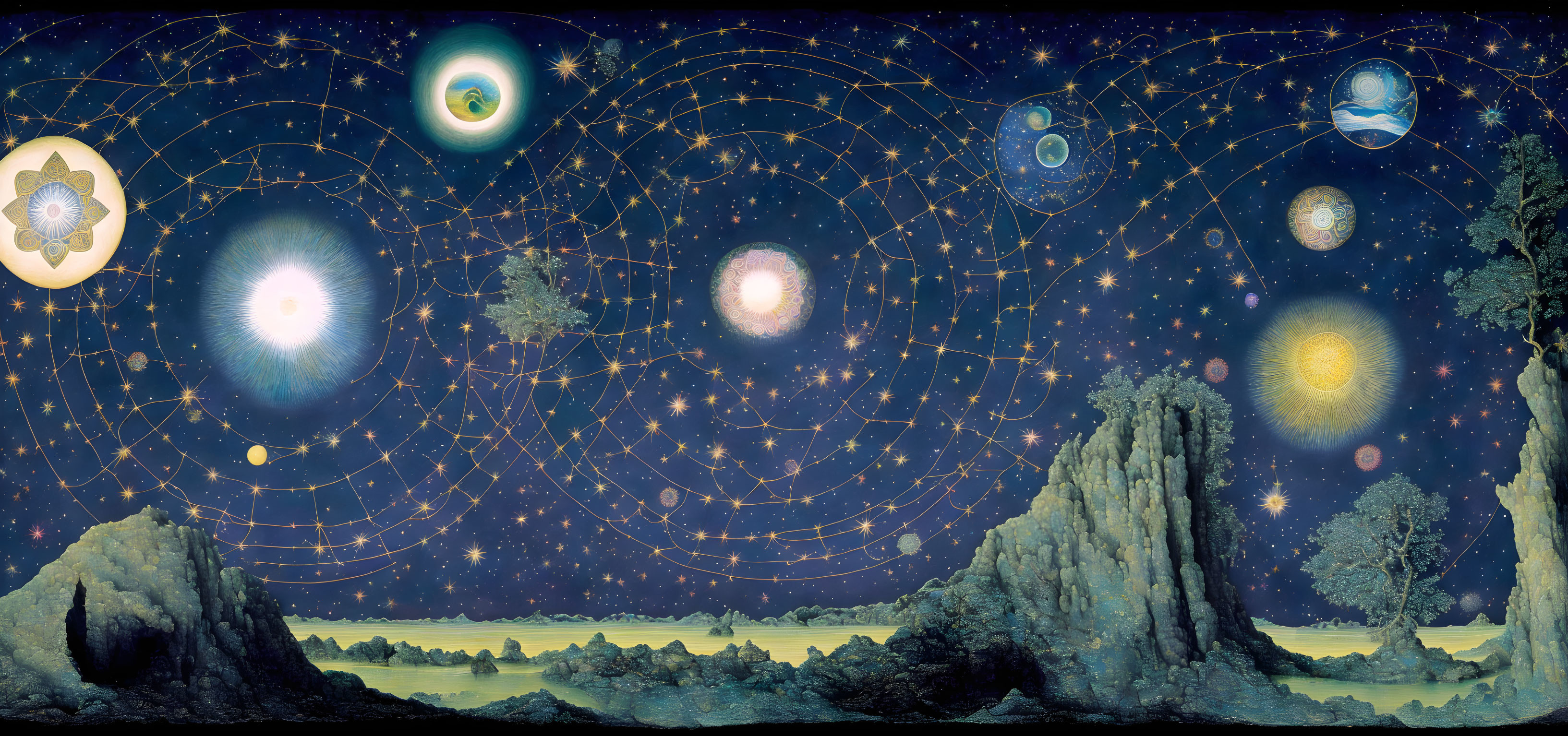 Panoramic cosmic landscape with celestial bodies connected by golden lines