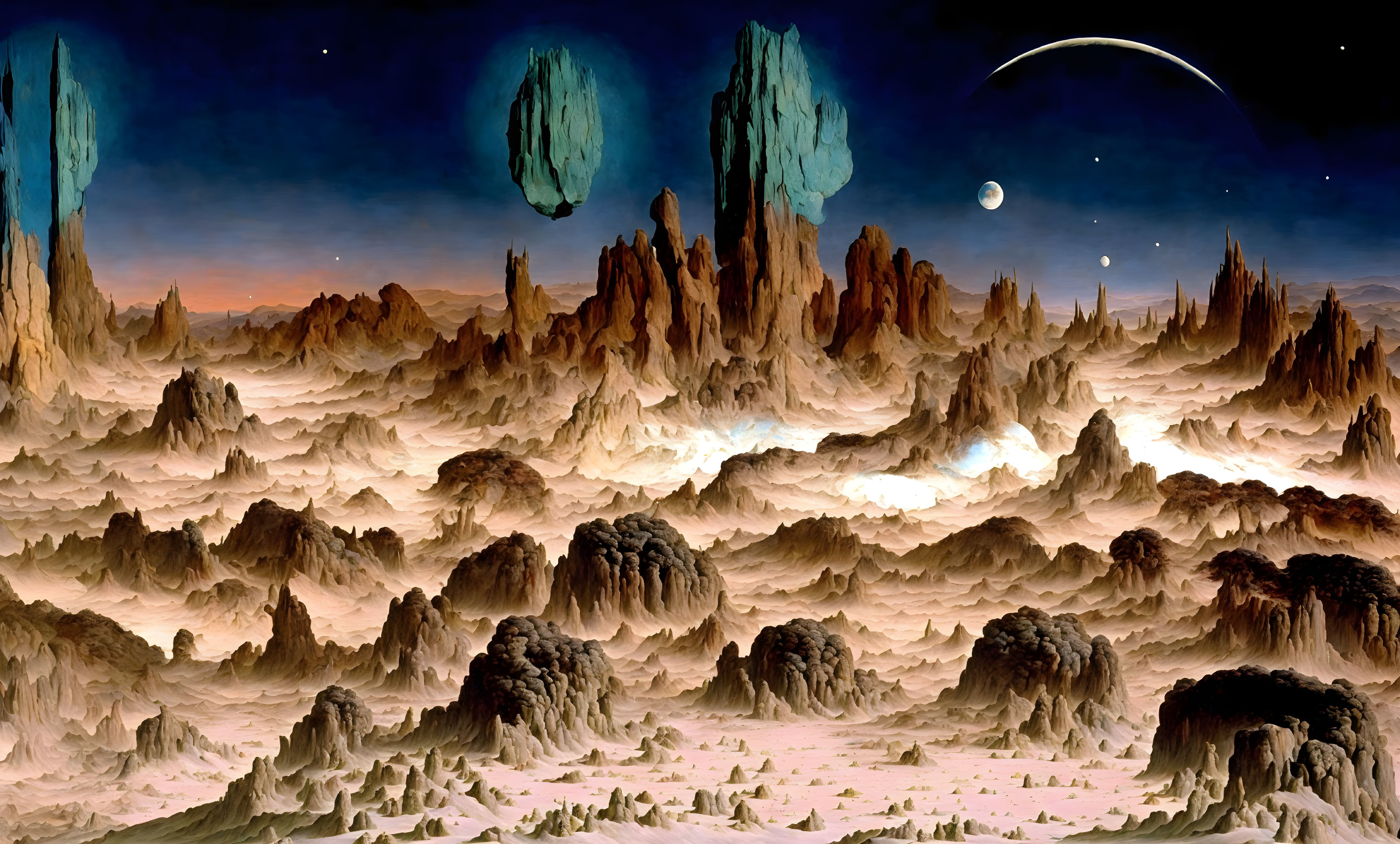 Surreal alien landscape with jagged rocks and floating islands