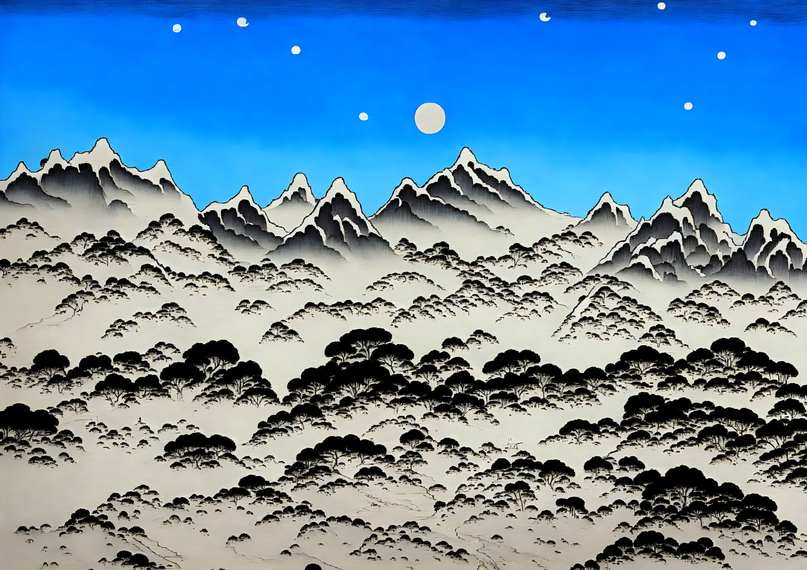 Layered mountain silhouettes under starry night sky with full moon