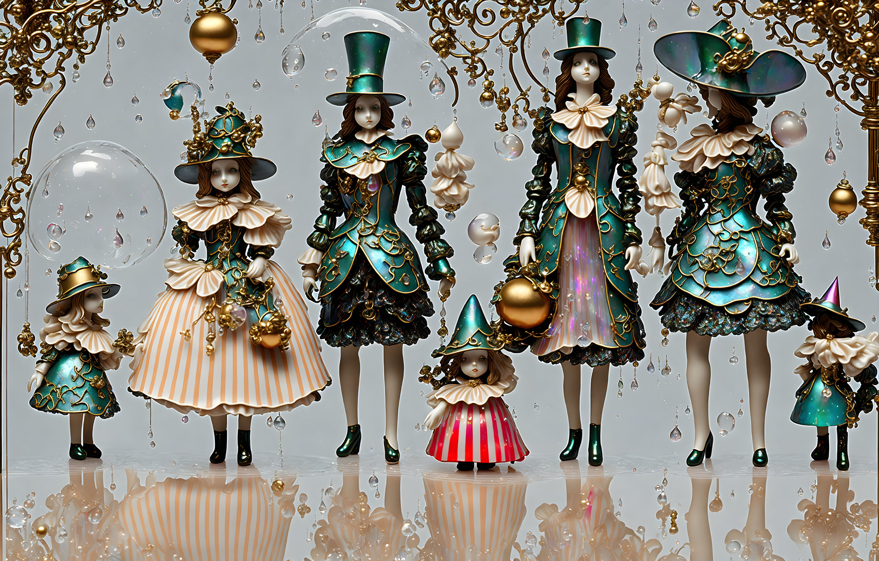 Victorian-style dolls in ornate costumes and hats against decorative backdrop