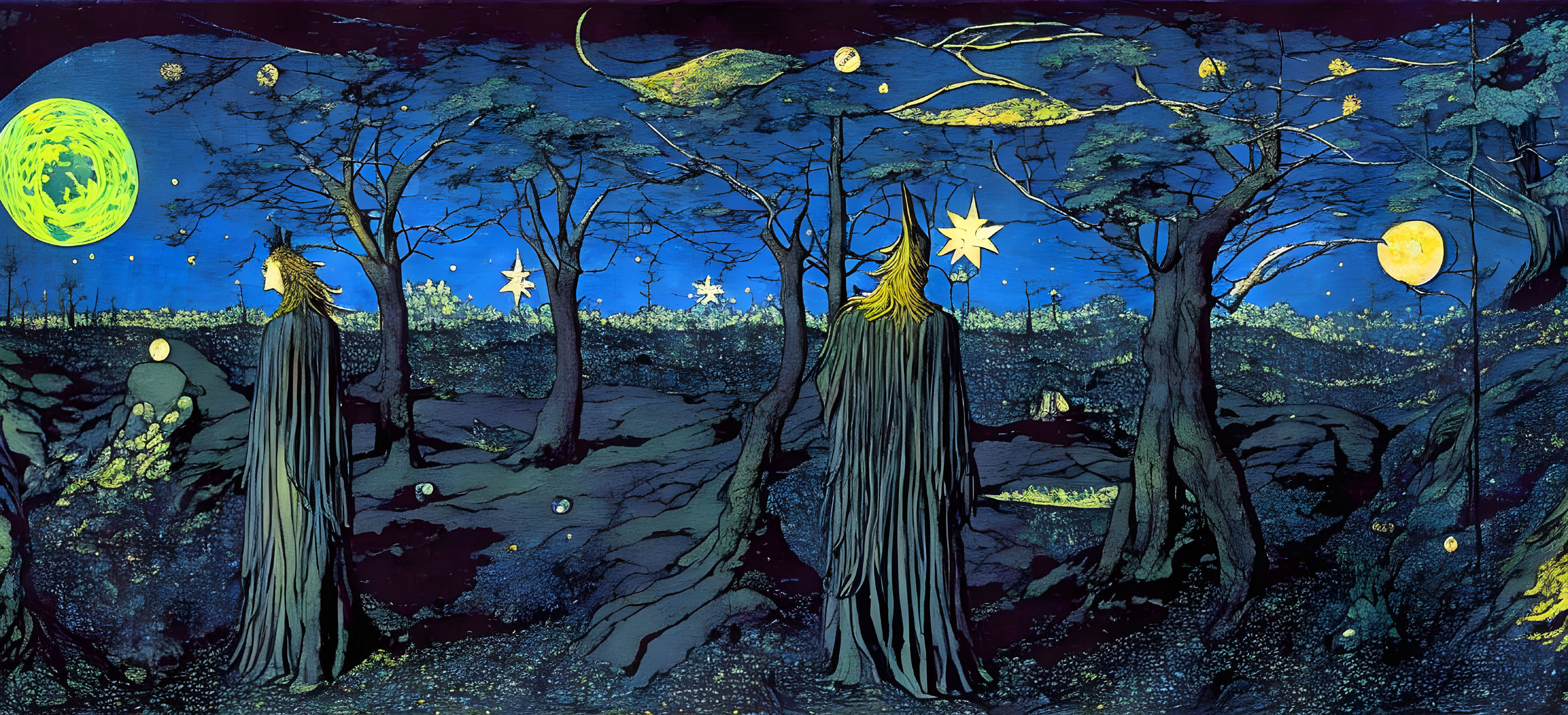 Stylized nocturnal scene with cloaked figures under starry sky