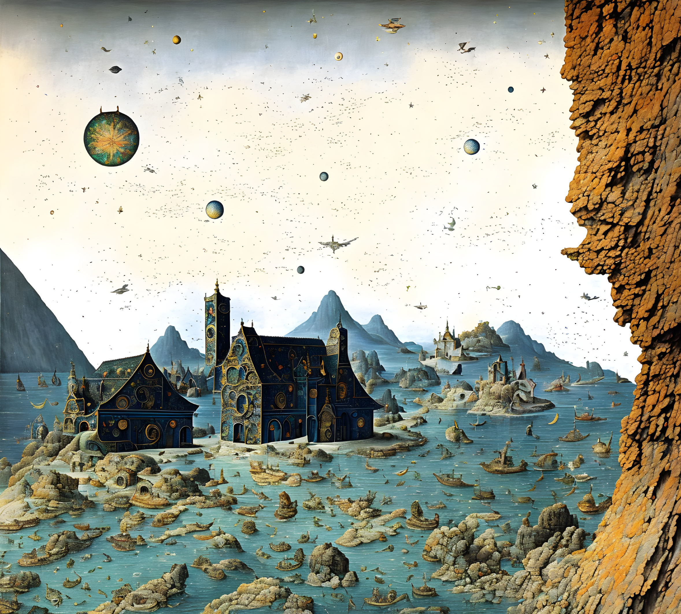 Surreal gothic structure in a landscape with floating rocks, planets, and spacecraft.