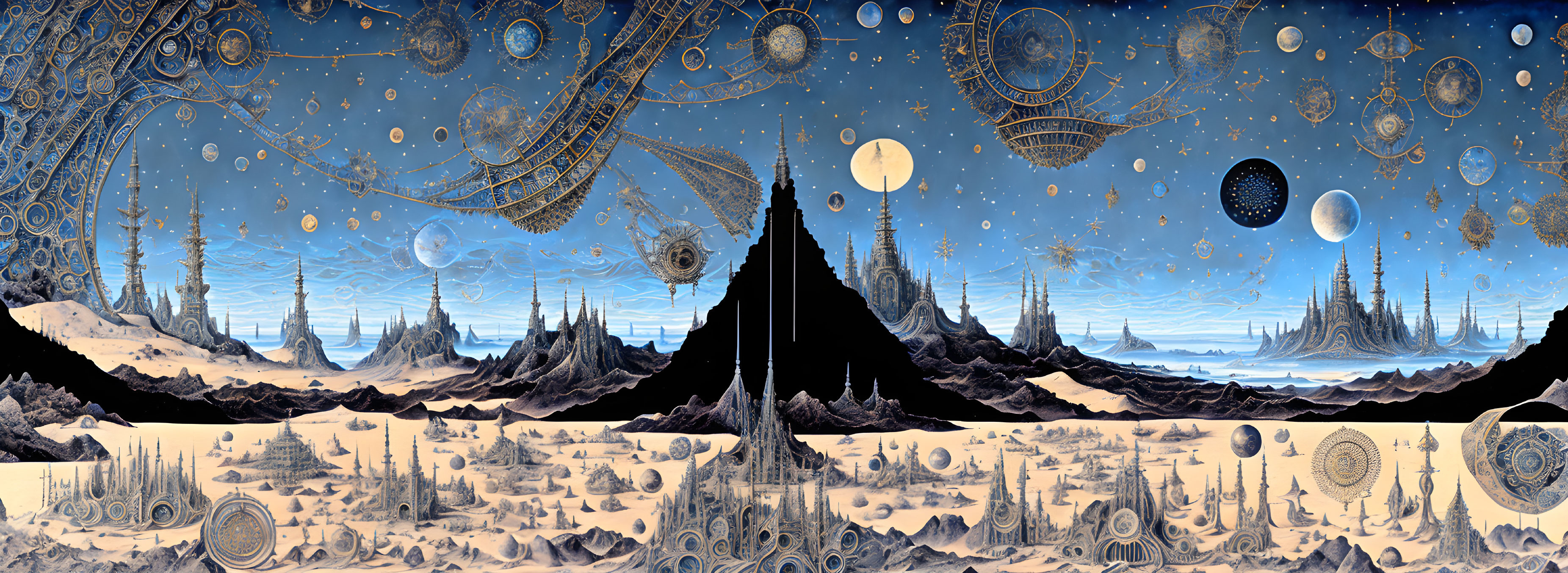 Alien landscape with machinery, moons, icy peaks under starry sky