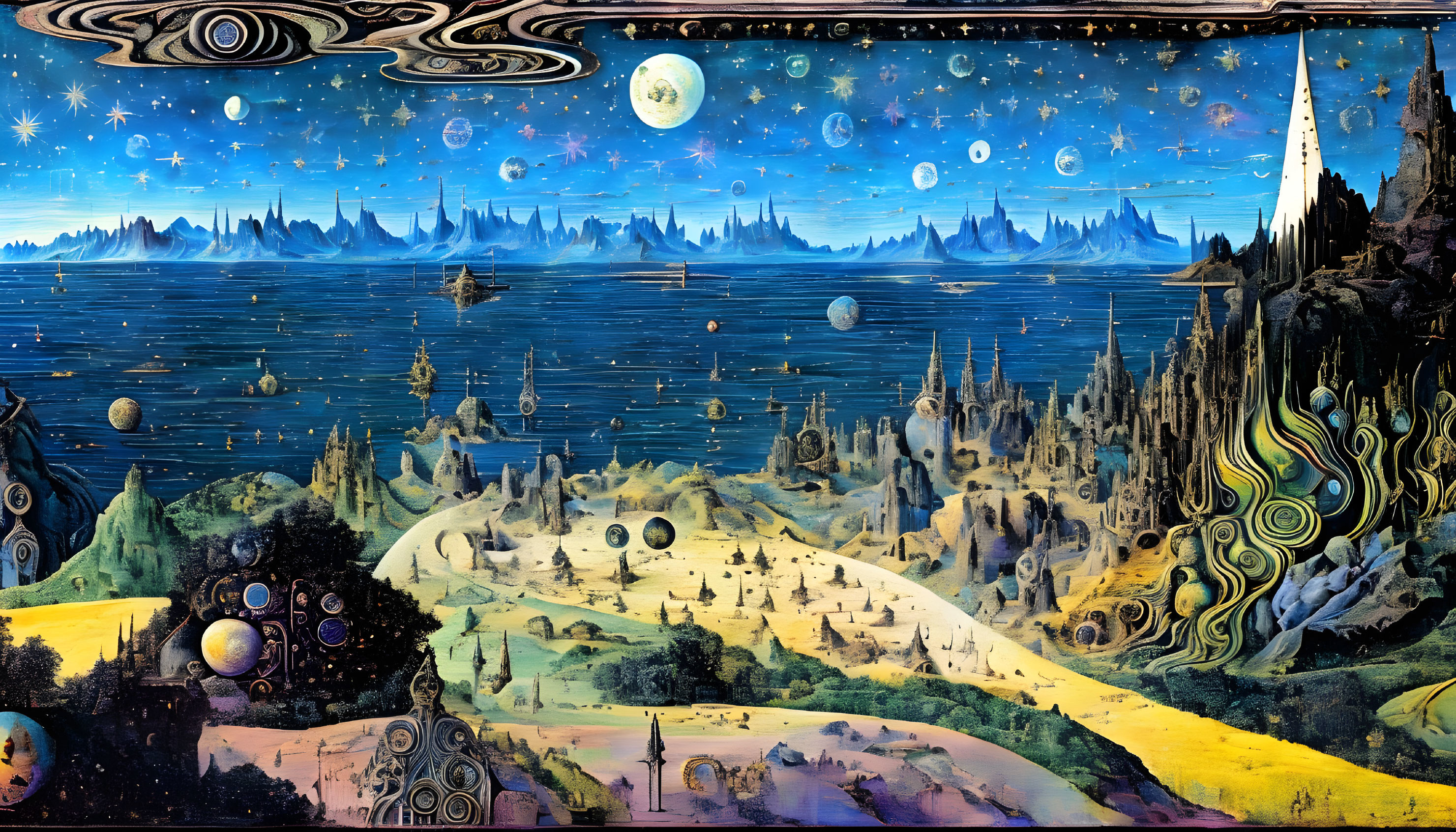 Surreal landscape with starry skies, planets, fanciful structures, and a moon