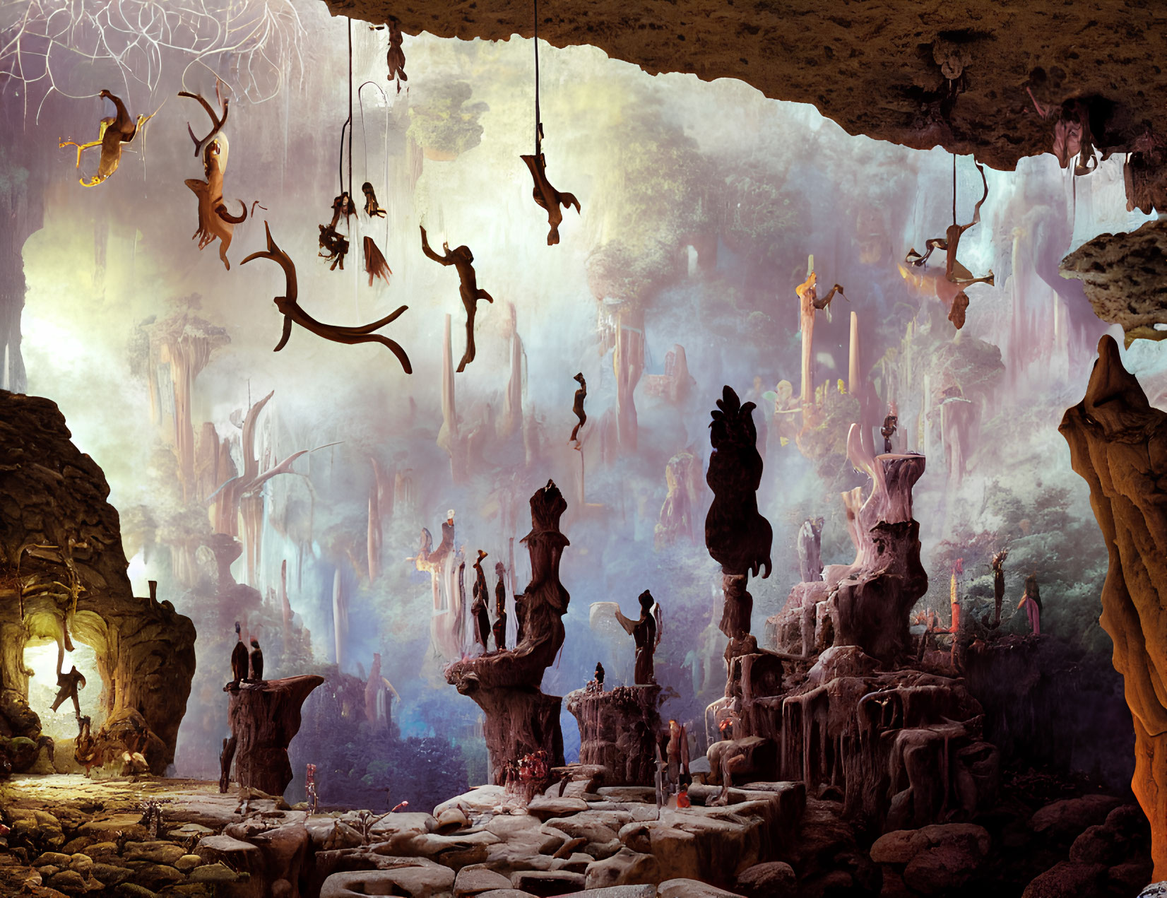 Mystical cave with hanging roots and silhouettes of climbers in warm light