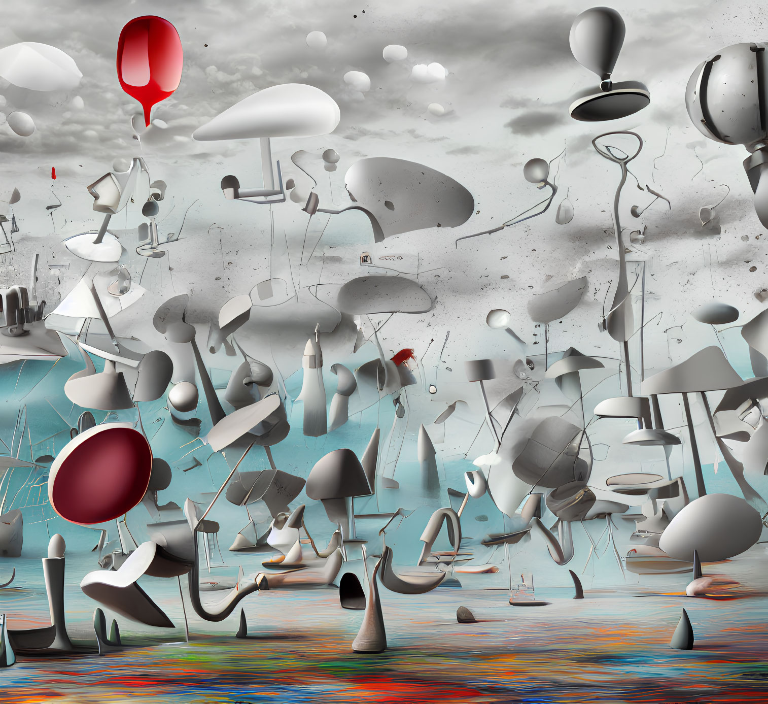 Colorful surreal landscape with abstract shapes and distorted figures in cloudy sky