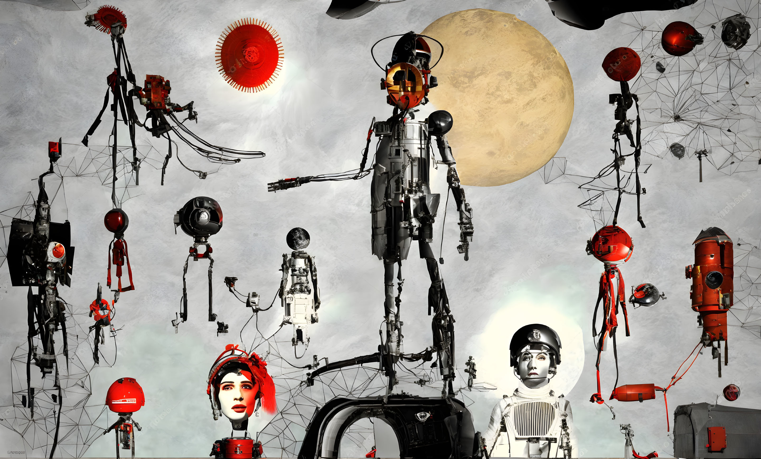 Surreal robotic figures and red objects under pale moon.